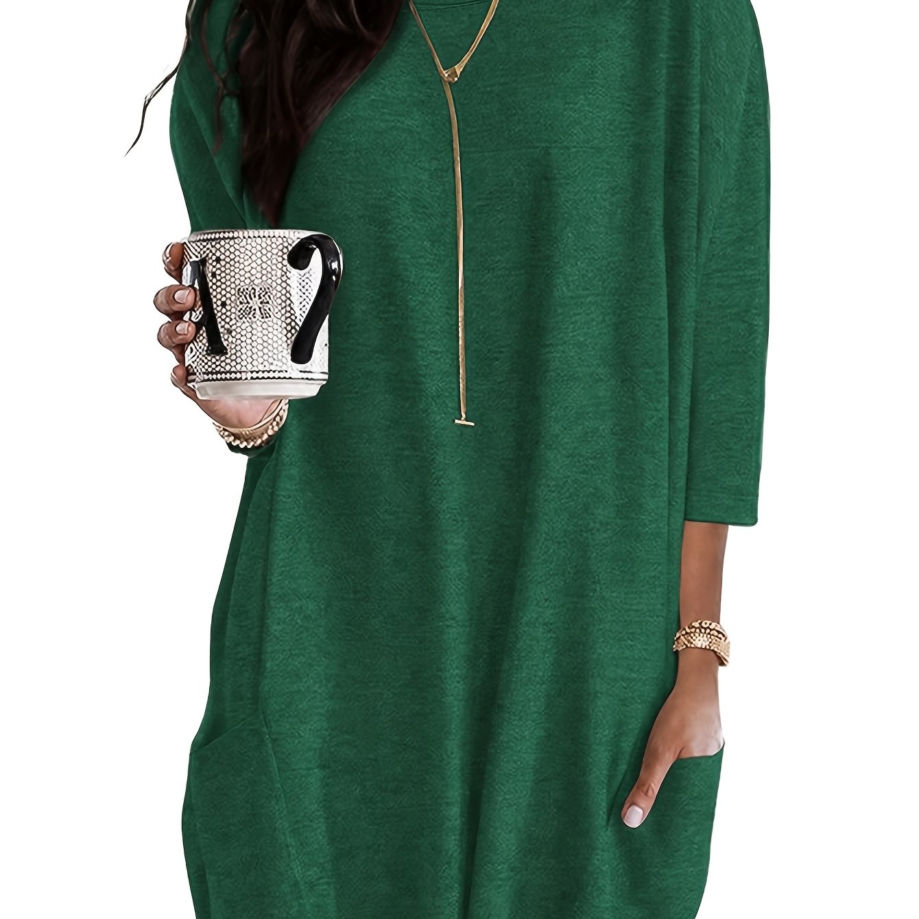 TEMU Women's Fashion 3/4 Sleeve Top, Casual Loose Fit With Pockets, Elegant Comfortable Round Neck Long Length 3/4 Sleeve T-shirt