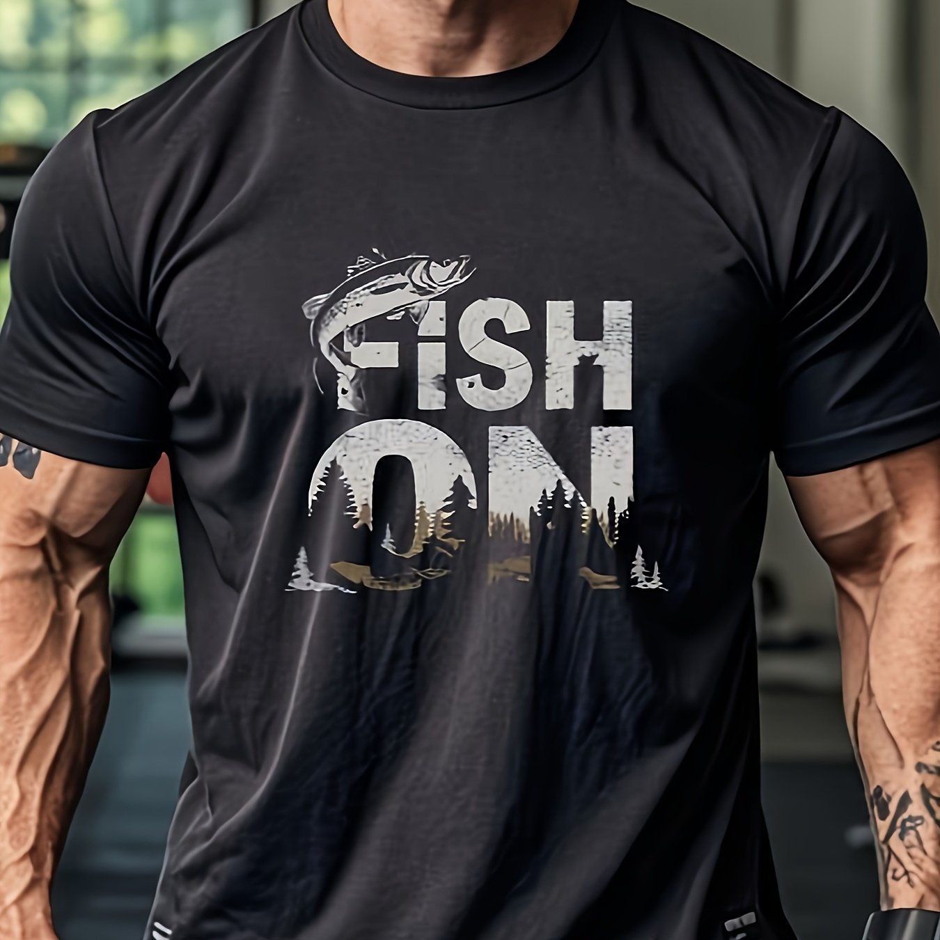 TEMU Men's Casual Short Sleeve T-shirt - & Forest Design With "fish On" Text, Graphic Print, Regular Fit, Breathable Fabric For Summer Outdoor