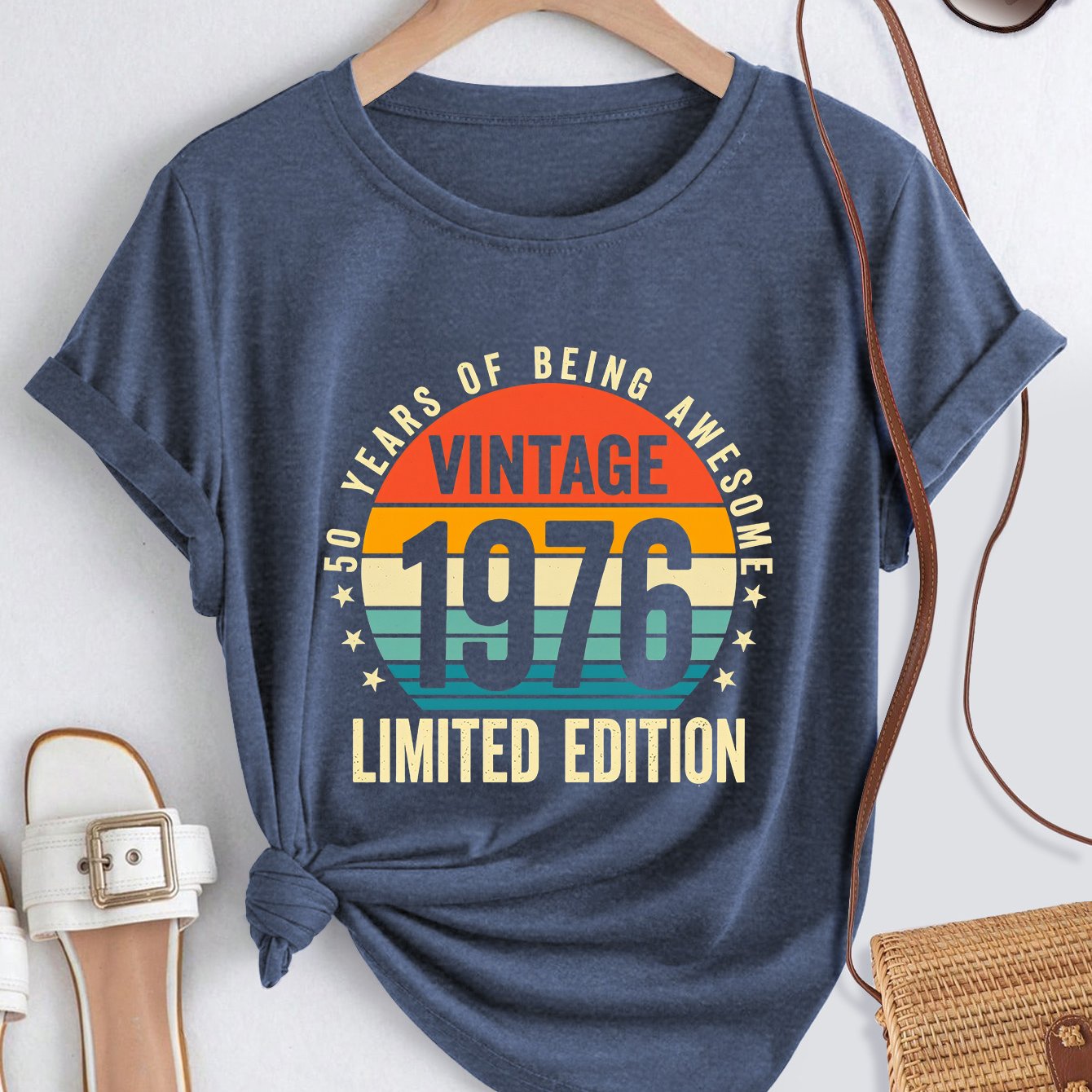 TEMU Women's Short Sleeve T-shirt, Retro 1976 Year Print New Women's Clothing, Comfortable Soft Round Neck Breathable Spring Summer Wear, Casual