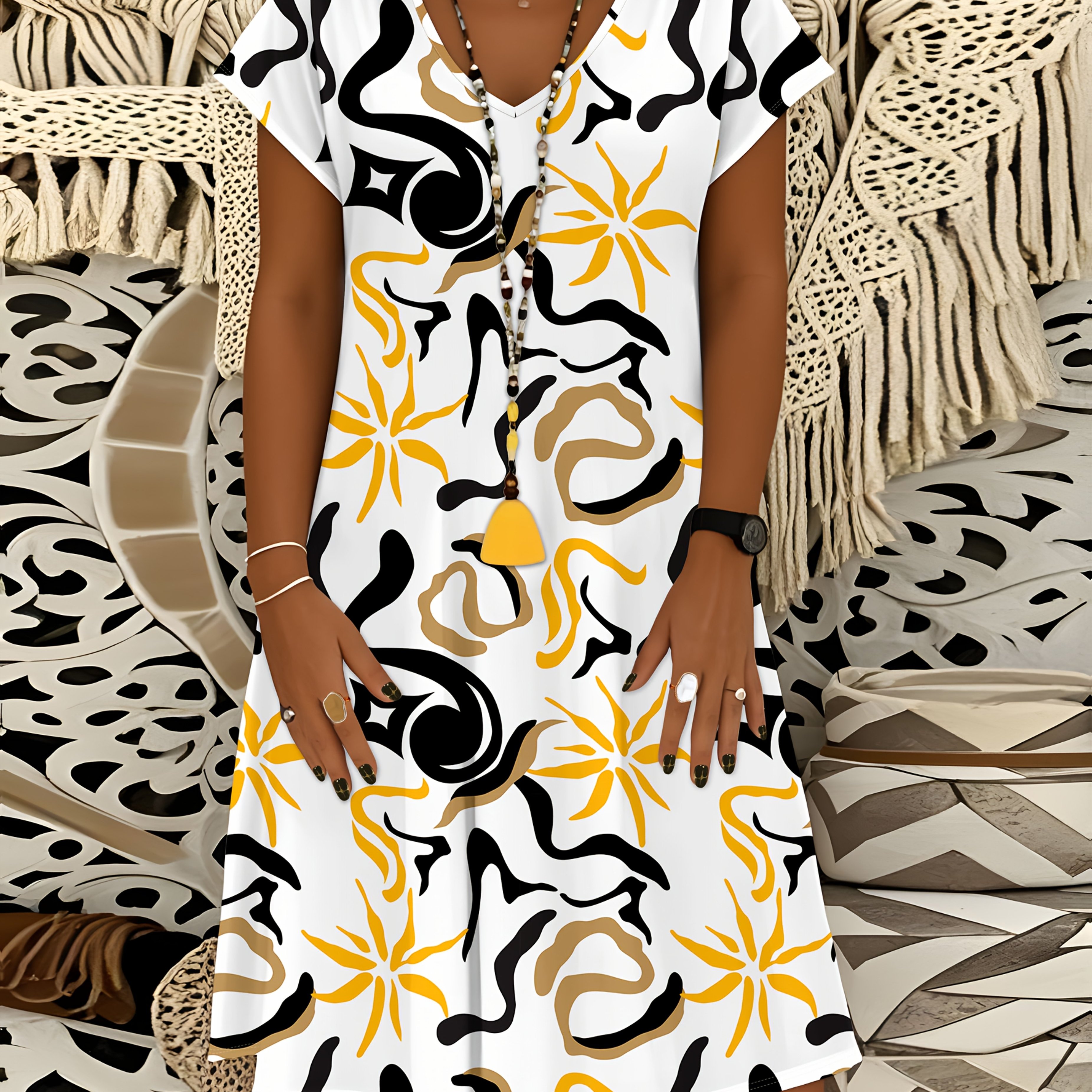 Abstract And Curve -line Printed Casual V-neck Short Sleeve Dress