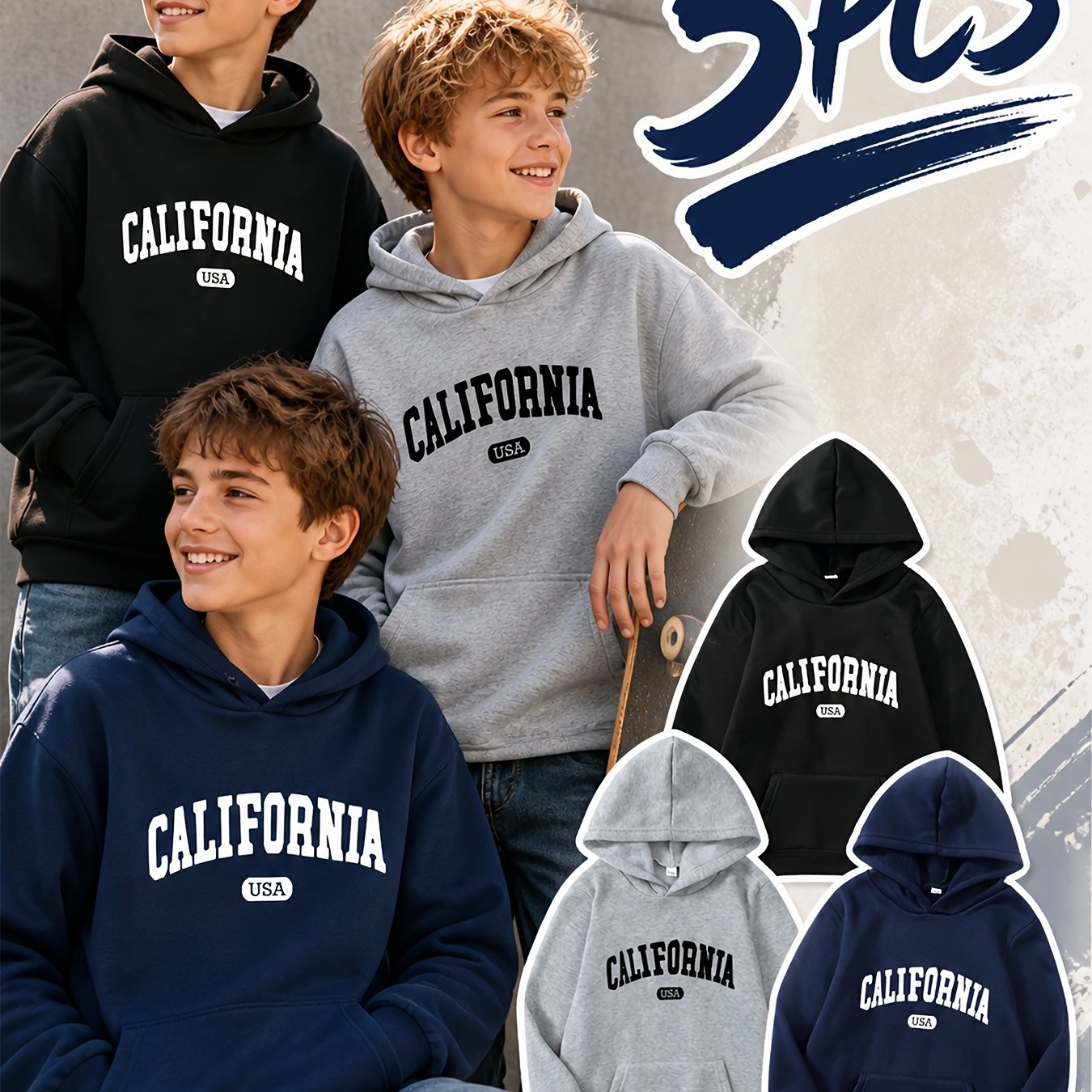 Image of 3pcs "california" Spring/fall Boys' Fashion Letter Print Hooded Sweatshirt, Casual Comfortable Hoodie For