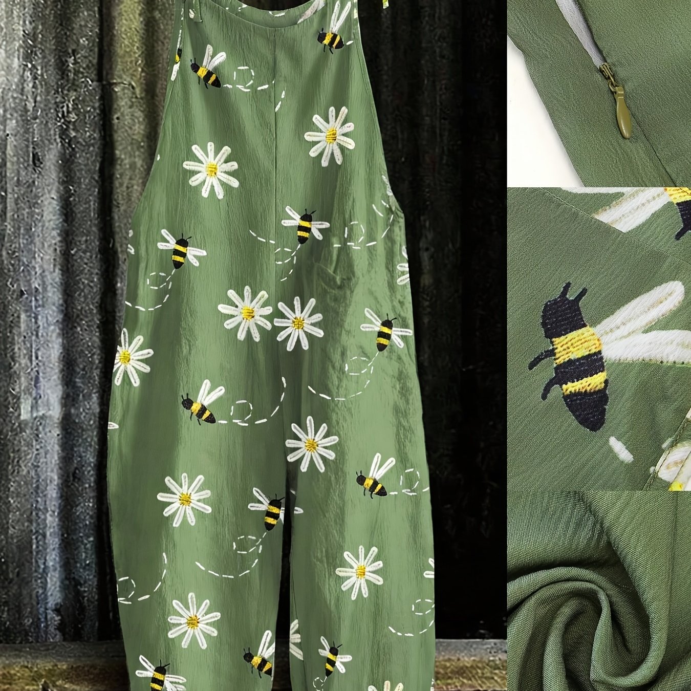 TEMU Plus Size, Fashion Bee & Daisy Print Jumpsuit Plus Size Casual Sleeveless Wide-leg Romper, Y2k Clothes Outfits, Trendy Bohemian Ensembles,