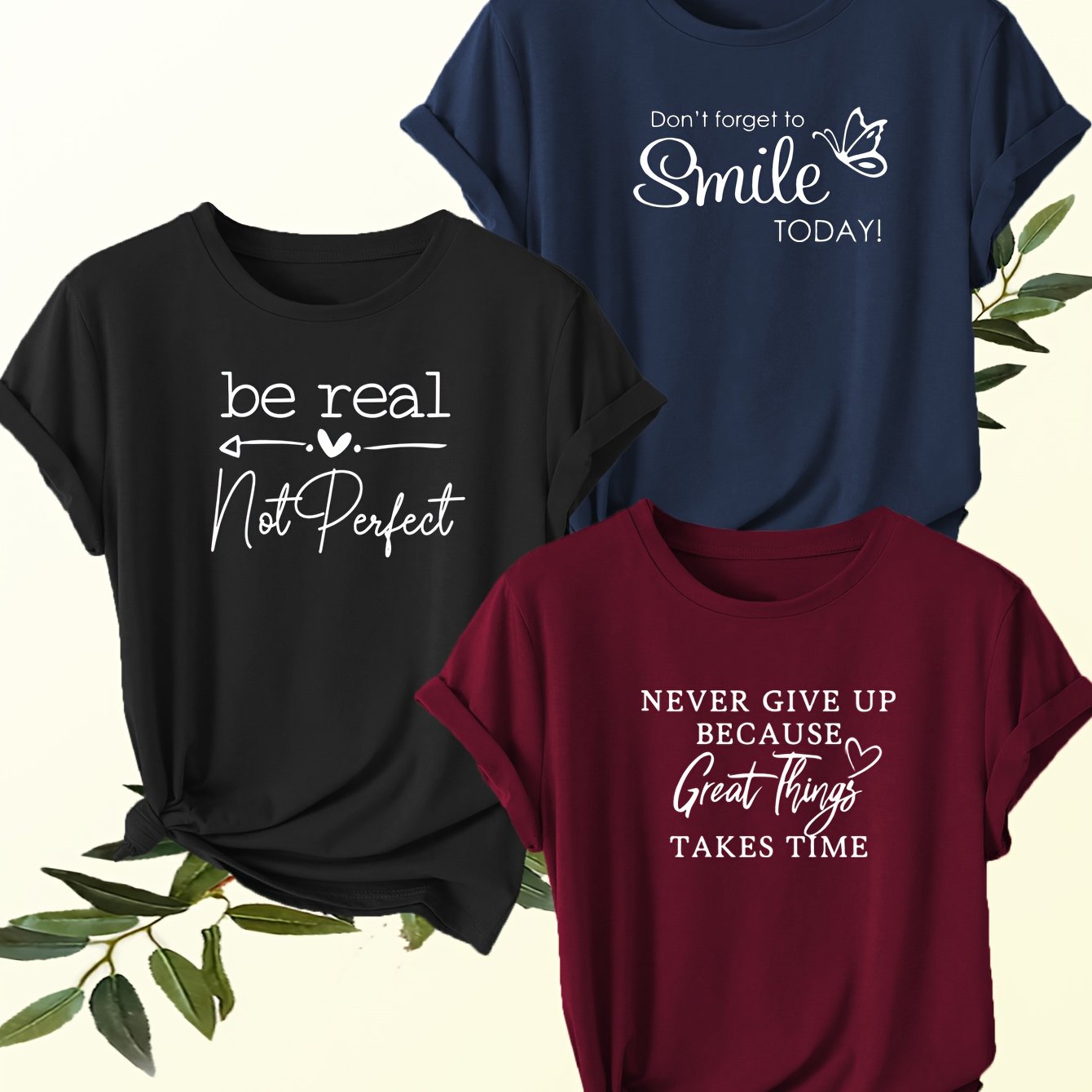 TEMU Women's 3pcs Inspirational Quote Letter Print Crew Neck Short Sleeve Tops, , Soft Fabric, Suitable For Daily Commuting And Outdoor Wear, Machine