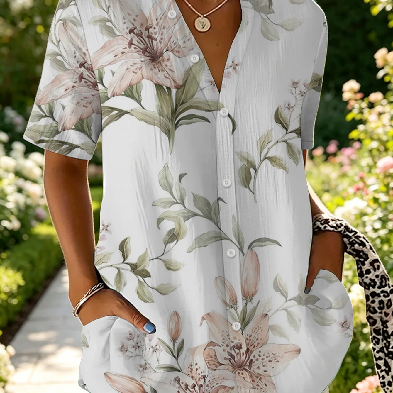 TEMU Women's Versatile Blouse With Floral Pattern, Classic Collar, Suitable For Office, Commuting, Or Formal Events, , Sophisticated Casual