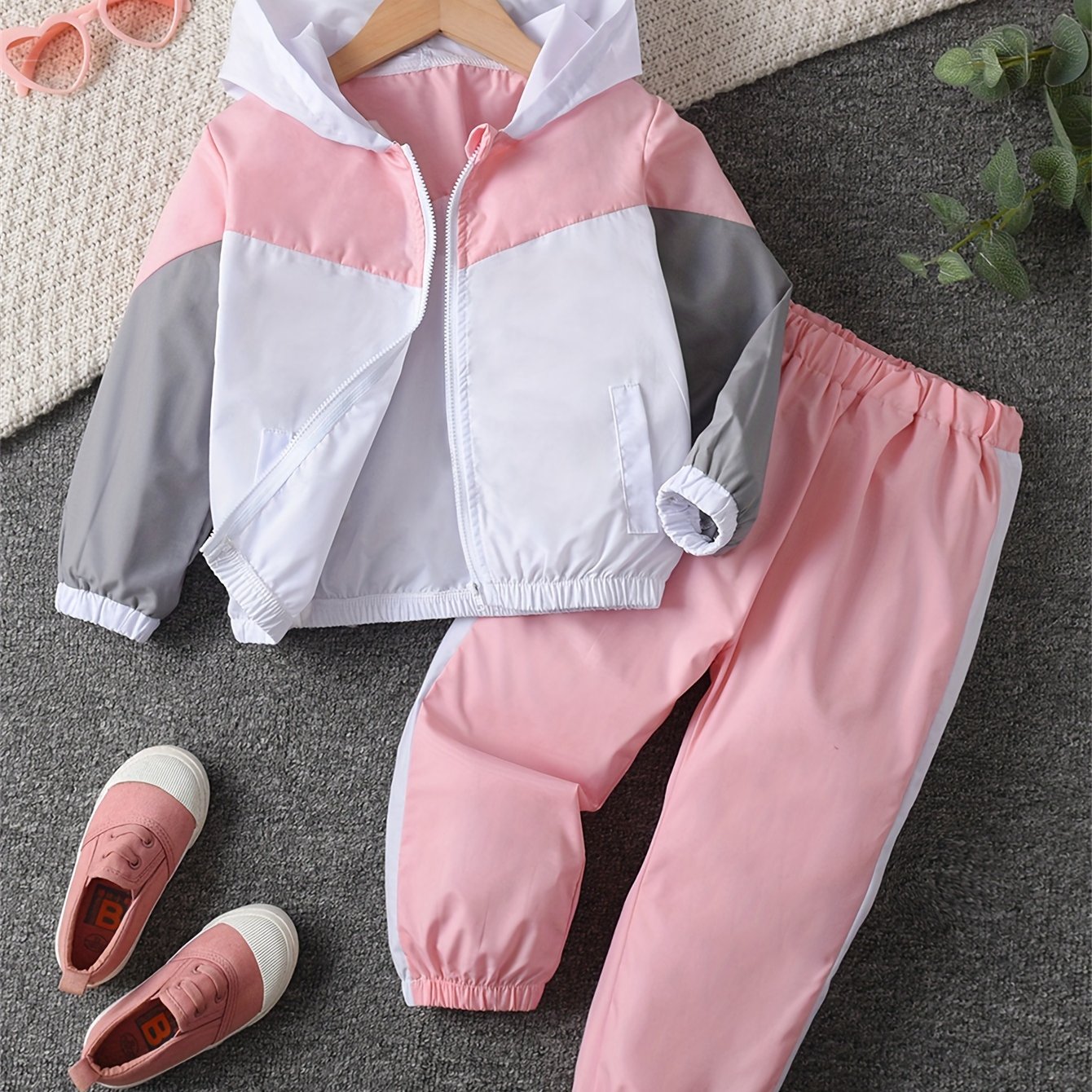 Girls' Hooded Jacket And Solid Color Leggings Casual Set, Perfect For Outdoor, Back To School Essentials