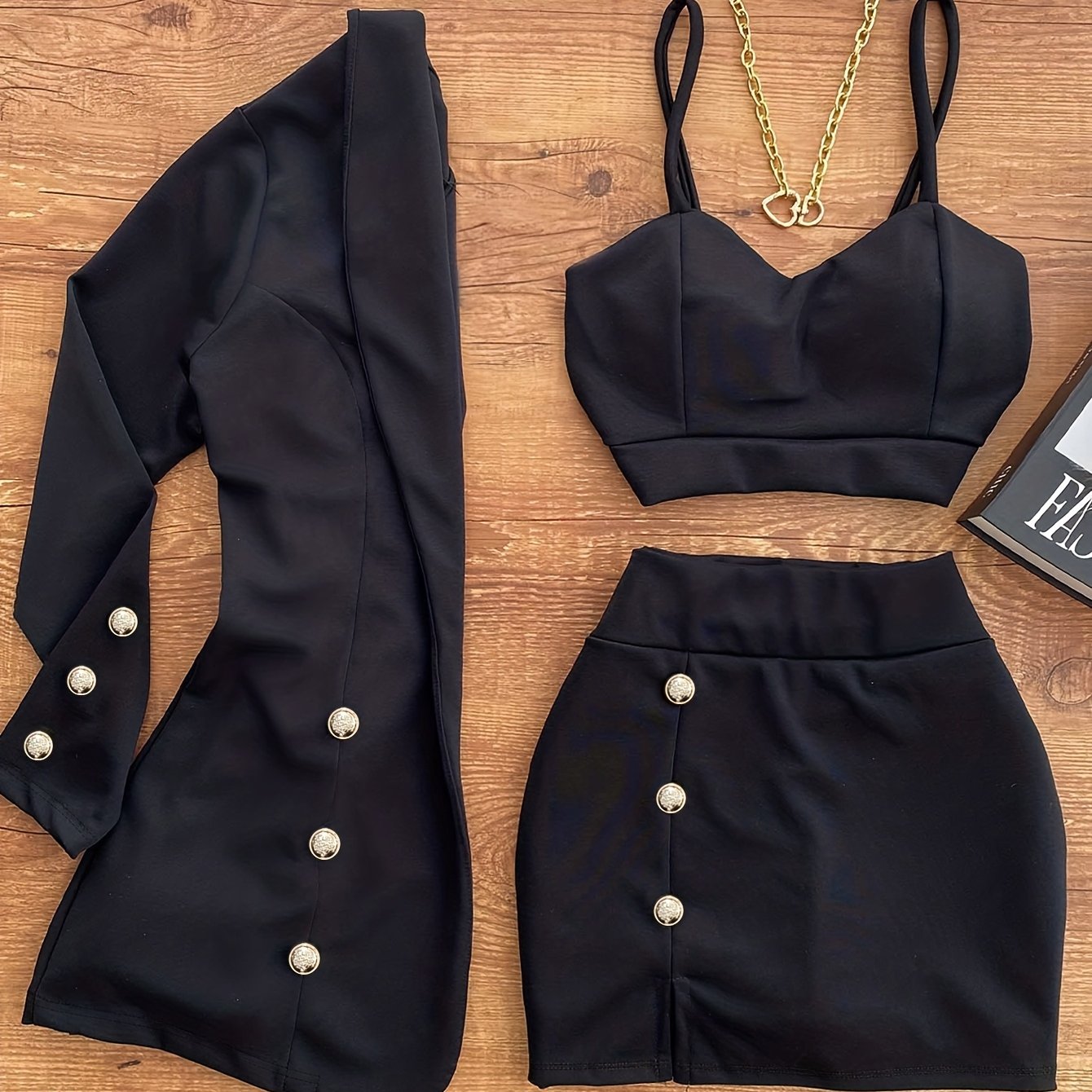 E-shop Damen 3-teiliges eleganter Anzug-Set im französischen Stil für Herbst/Winter mit Zierknöpfen, figurbetonter Blazer, Träger-Top figurbetontem
