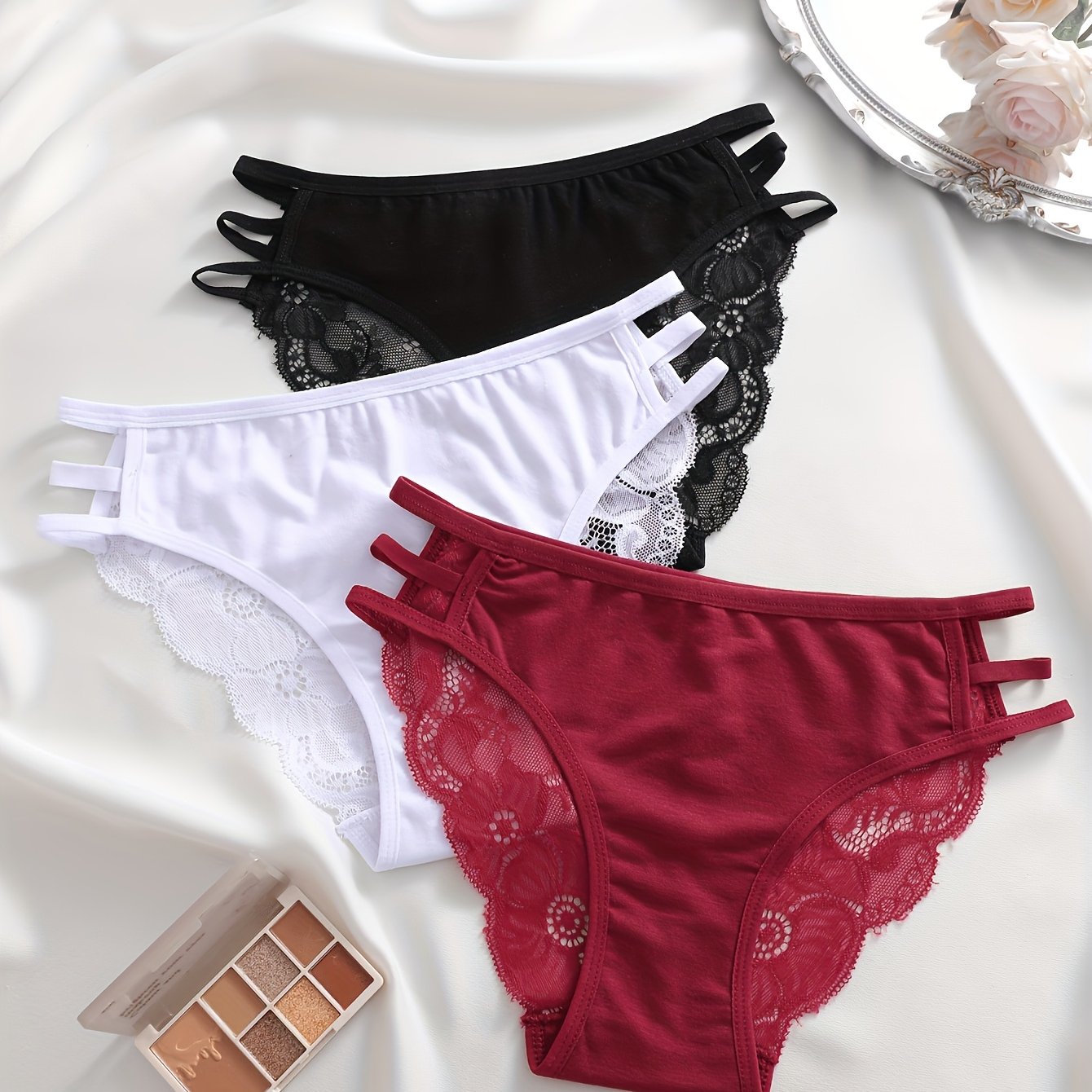 TEMU 3-pack Women' Color Triangle Briefs, Lace Trim With Hollow-out Waistband, Breathable And Stretchy