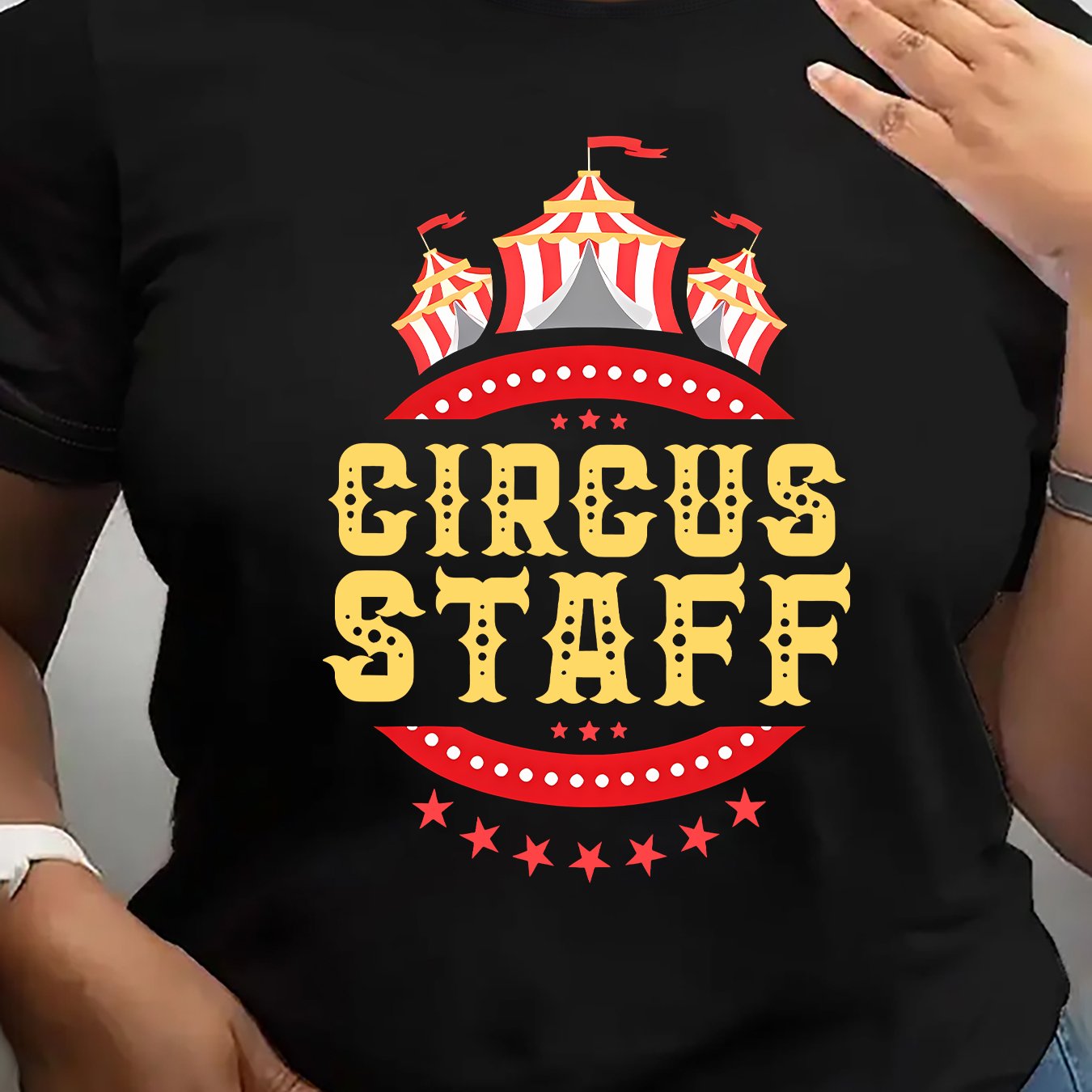 TEMU A Beautiful Ladies' Elegant Party Top Featuring A Circus Tent Pattern With The Words 'circus Staff', With Red Stripes And Stars. Stylish,