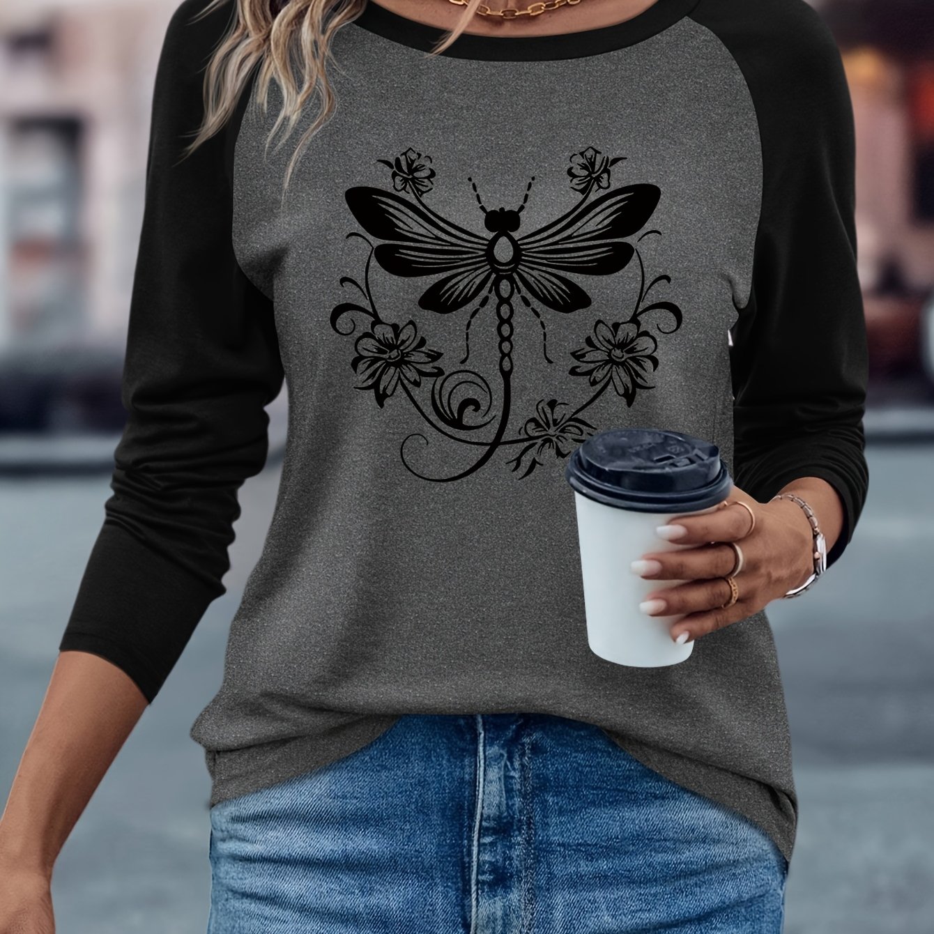 TEMU Women's Fashion Simple Casual, Versatile Print European And American Women' Simple Comfortable Casual Round Neck Color Block Raglan Long Sleeve