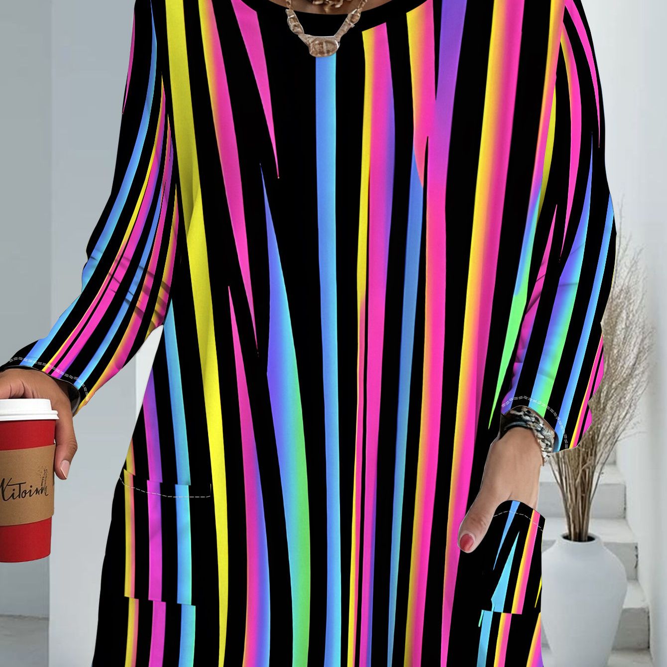 TEMU Women's Oversized Full-body Striped Loose-fit Long Sleeve T-shirt With Pockets - Plus Size Casual Top Suitable For Spring Summer Fall
