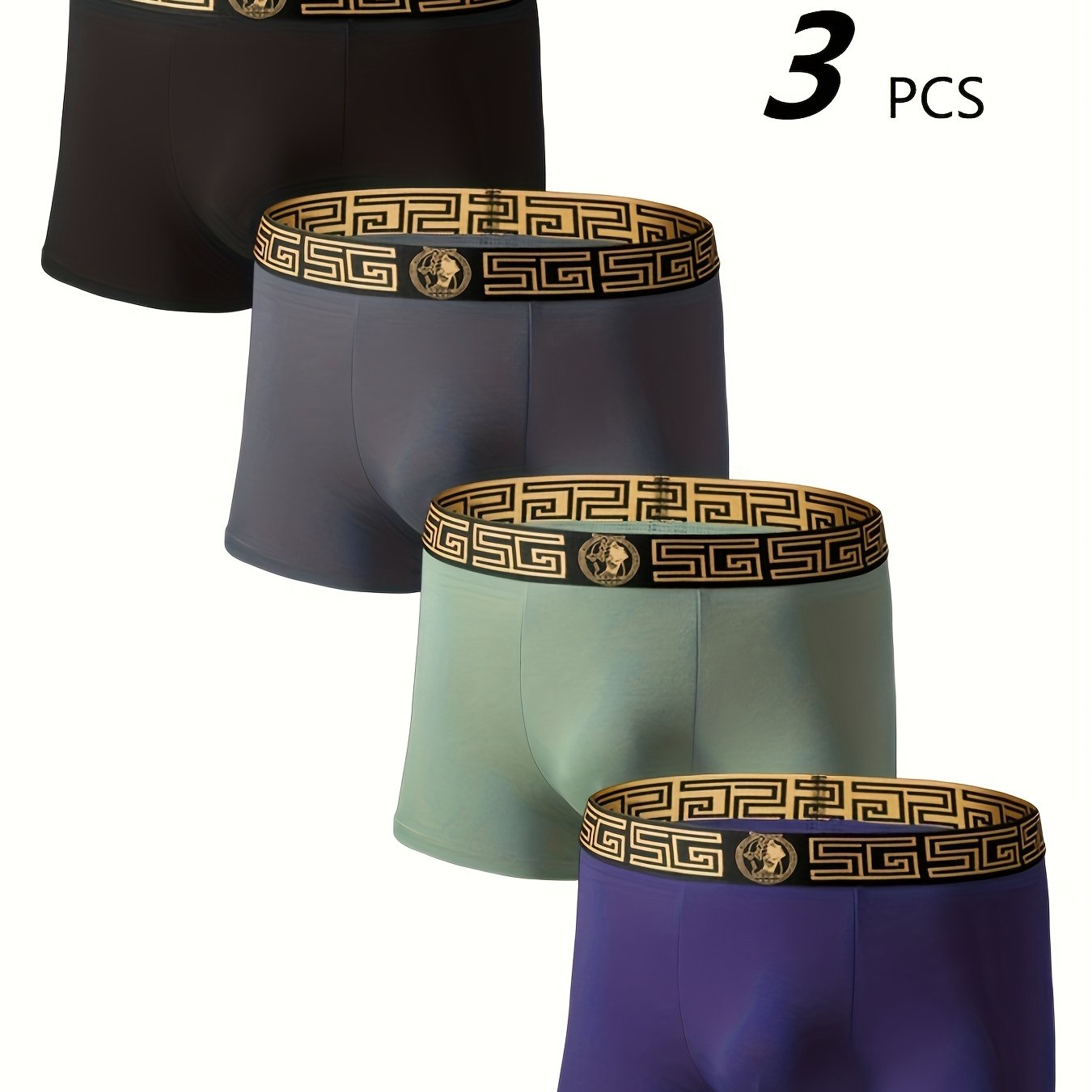 TEMU Random 3pcs Assorted Boxer Briefs For Men - Black-golden Waistband Logo Prints - Solid Color, Comfortable, Breathable & Soft