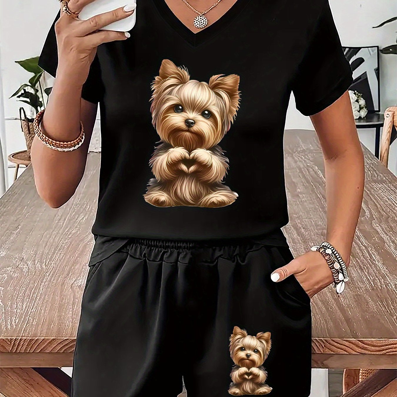 TEMU Women's Casual V-neck T-shirt & Shorts Set With Pockets, Featuring A Cute Yorkshire Terrier Print - Spring/summer, Casual Attire| Print|, Cute