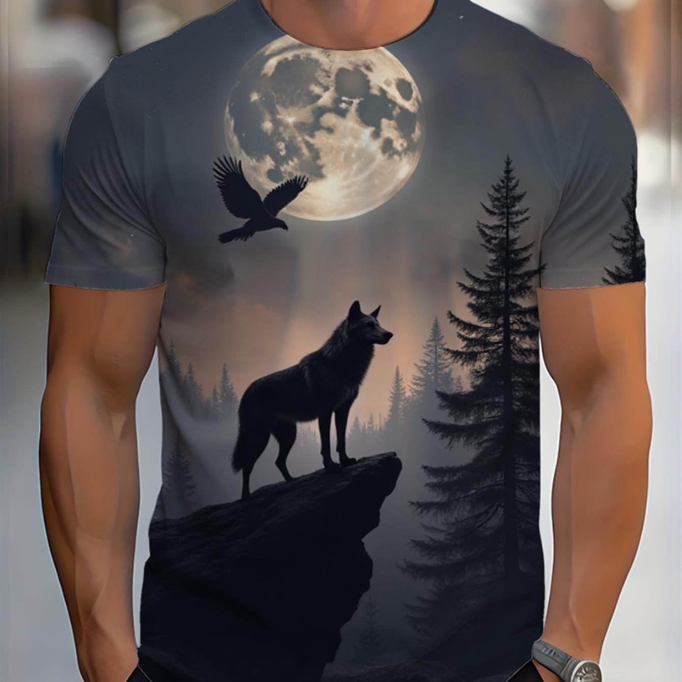 Image of Men's Wolf & Eagle 3d Print T-shirt - Fantasy Wolf & Eagle Graphic Crew Neck Short Sleeve Tee, Suitable For Casual Outdoor Wear, Machine Washable, For, Camping, Everyday Use