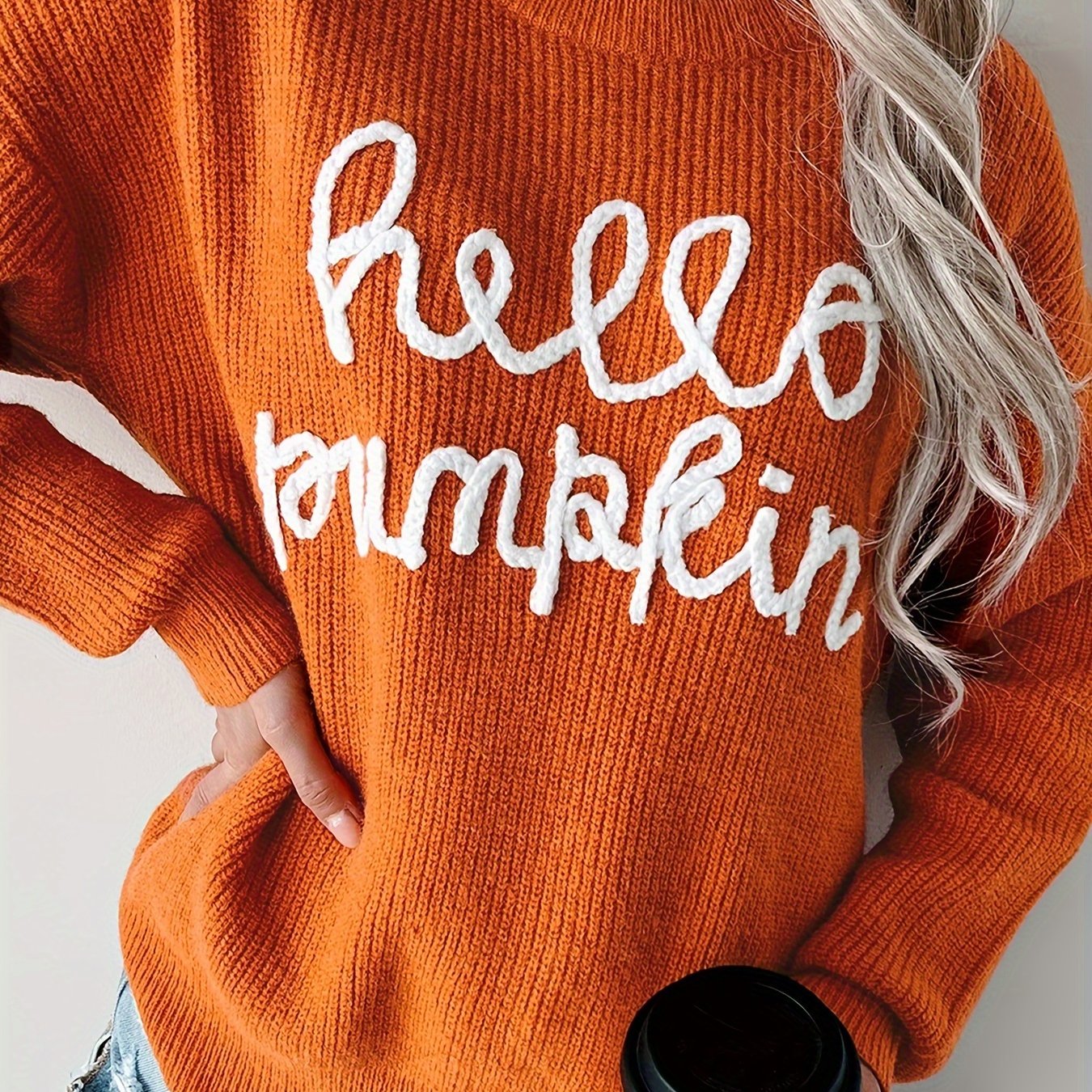TEMU New Arrival Women's Round Neck Long Sleeve Autumn Hello Pumpkin Pullover