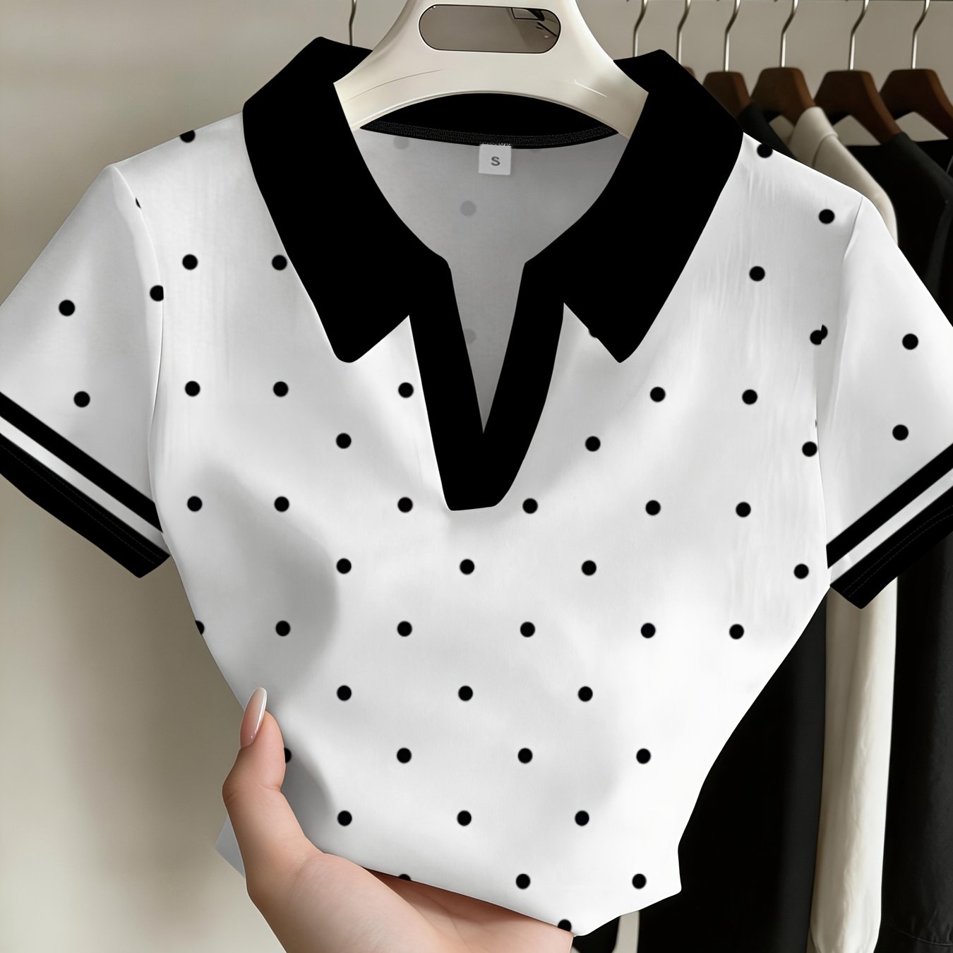 TEMU Fashion Polka Dot Short Sleeve Top Female Summer New Lapel Slim Fit Versatile Leisure Easy Temperament Shirt Comfortable Breathable Daily Wear