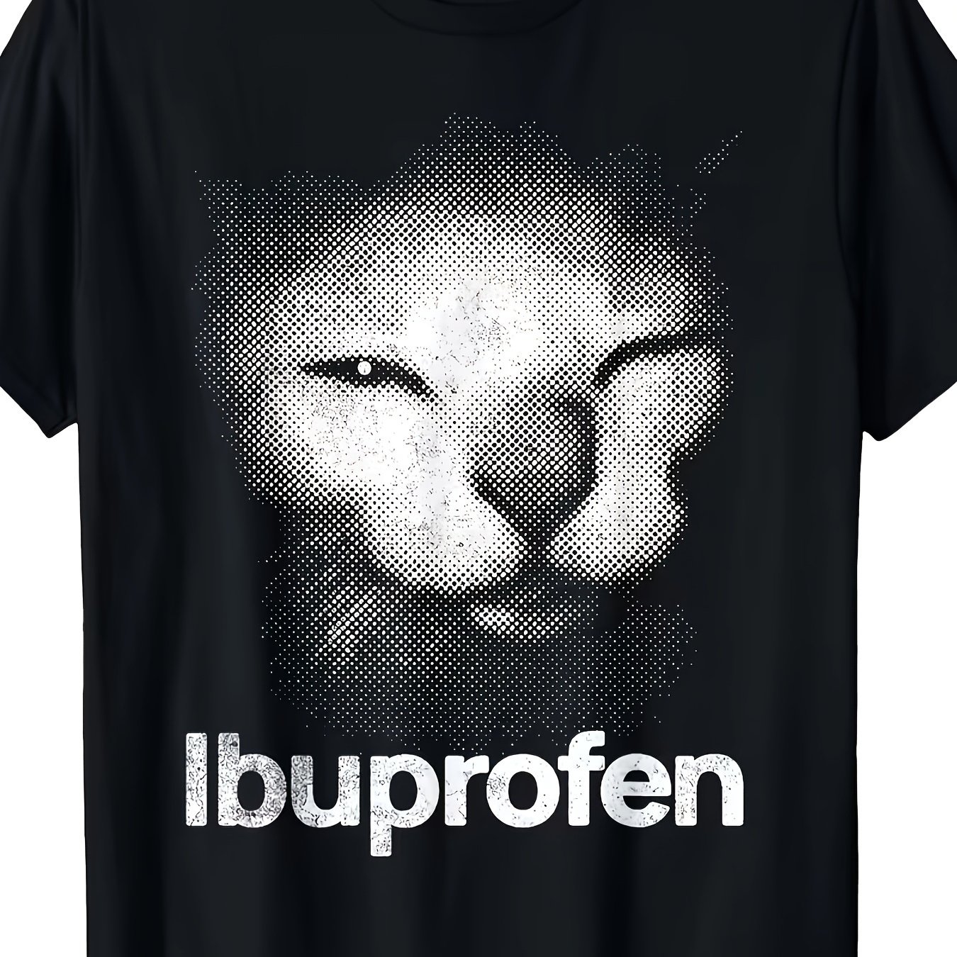 TEMU Men's "" Print T-shirt - Black With Distressed Half- , Of , Nose, And Mouth, Lettering, Short Sleeve Round Neck, Ideal For Daily Wear And Pet
