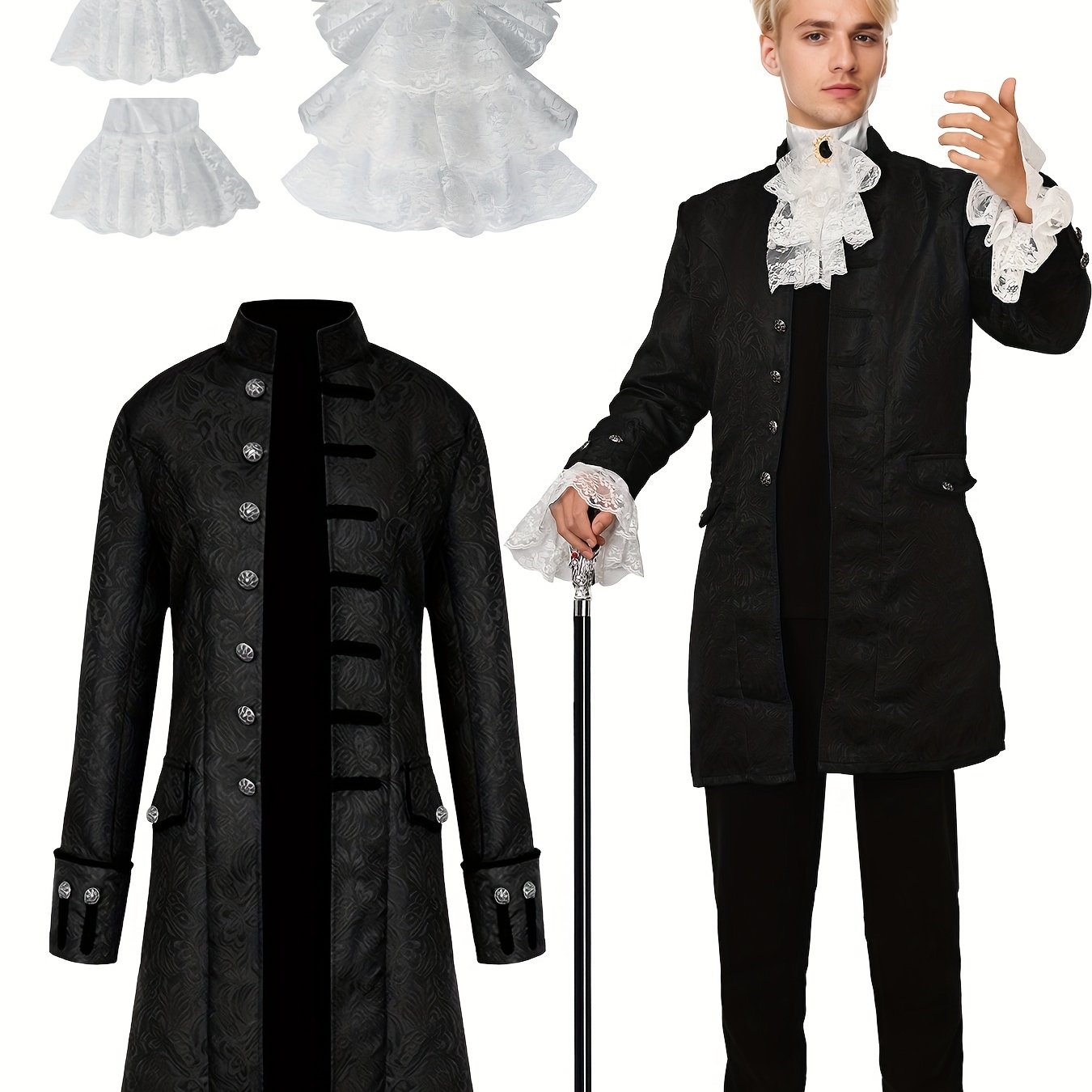 4pcs, Men's Vintage Tailcoat Jacket Goth Long Steampunk Victorian Frock Coat, Collar