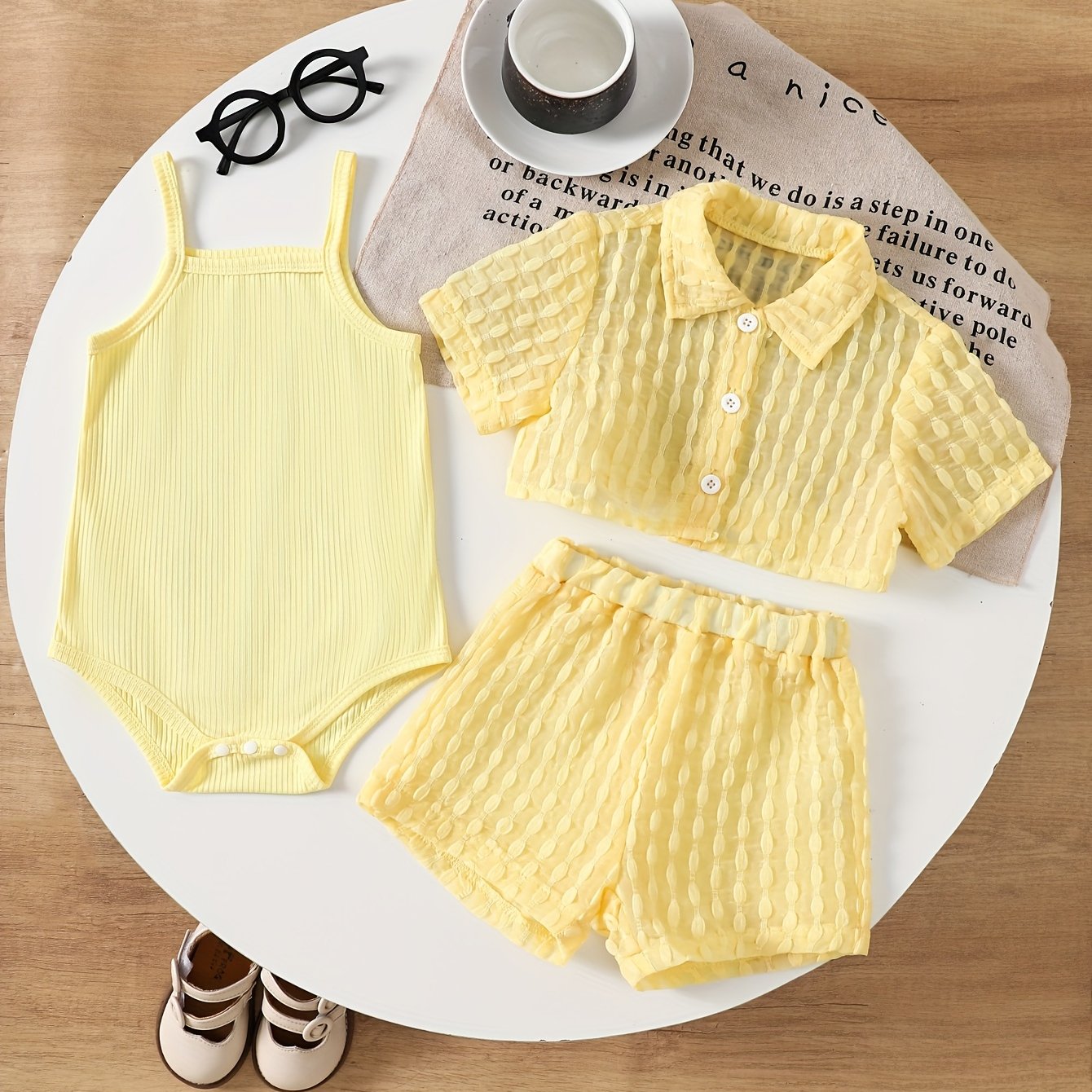 Image of Baby Girl Yellow Polka Dot Fabric Ribbed Jumpsuit Shirt Shorts Three-piece Set, For Outdoor