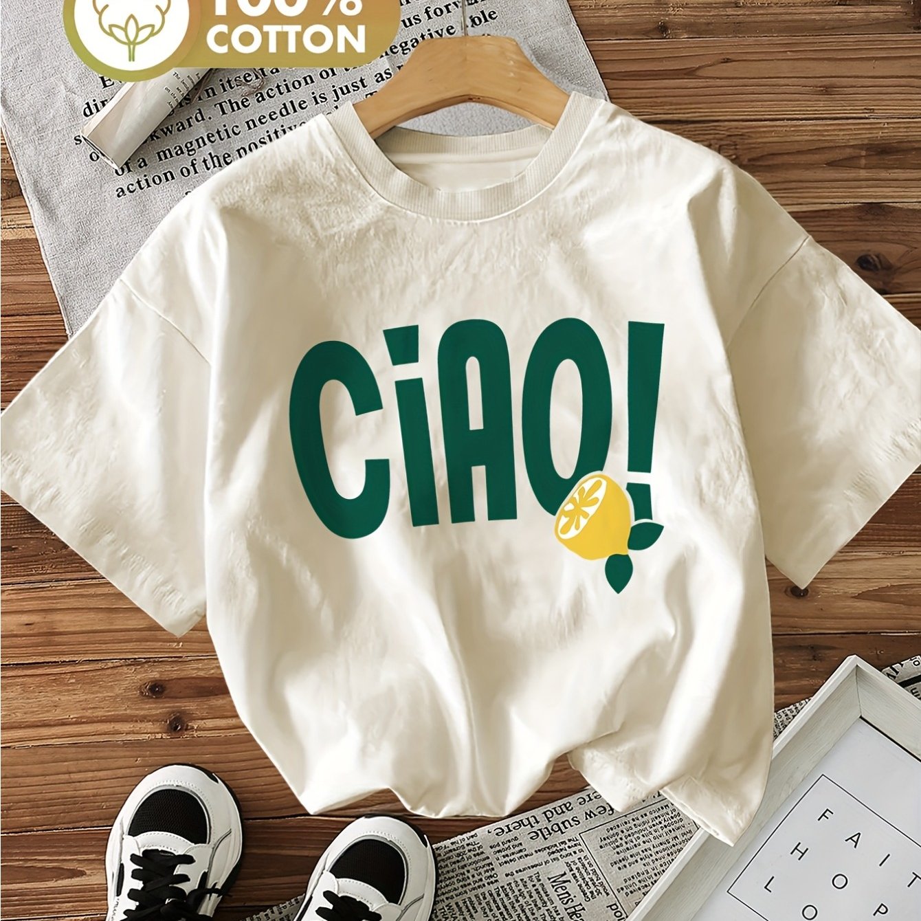 Minimalist Style T-shirt With Text Lemon ! Print, Short Sleeve, Round Neck