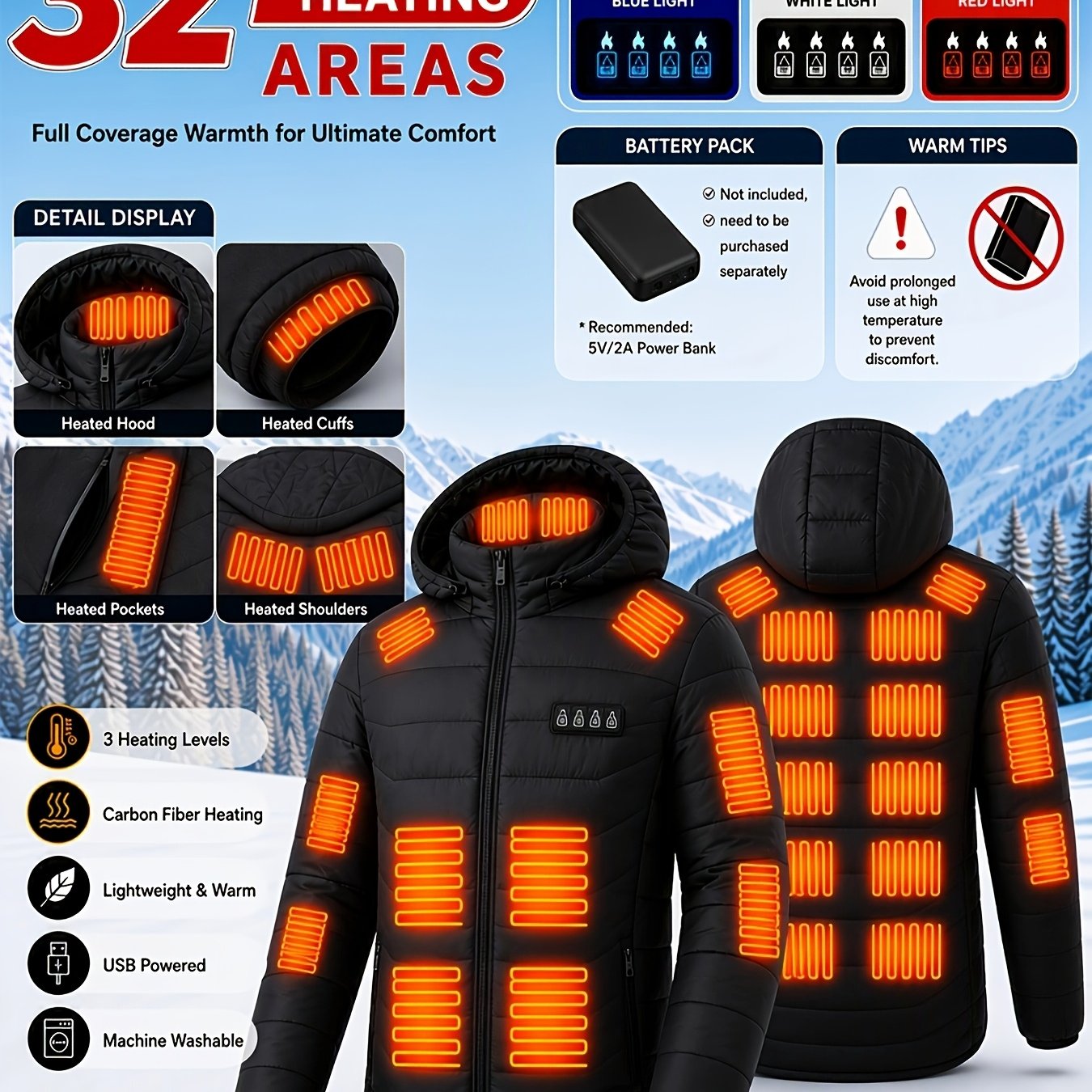 TEMU Veste de sport chaude pour homme avec 32 zones de chauffage et niveaux de chaleur réglables, veste à capuche, USB pour homme - Fermeture éclair,