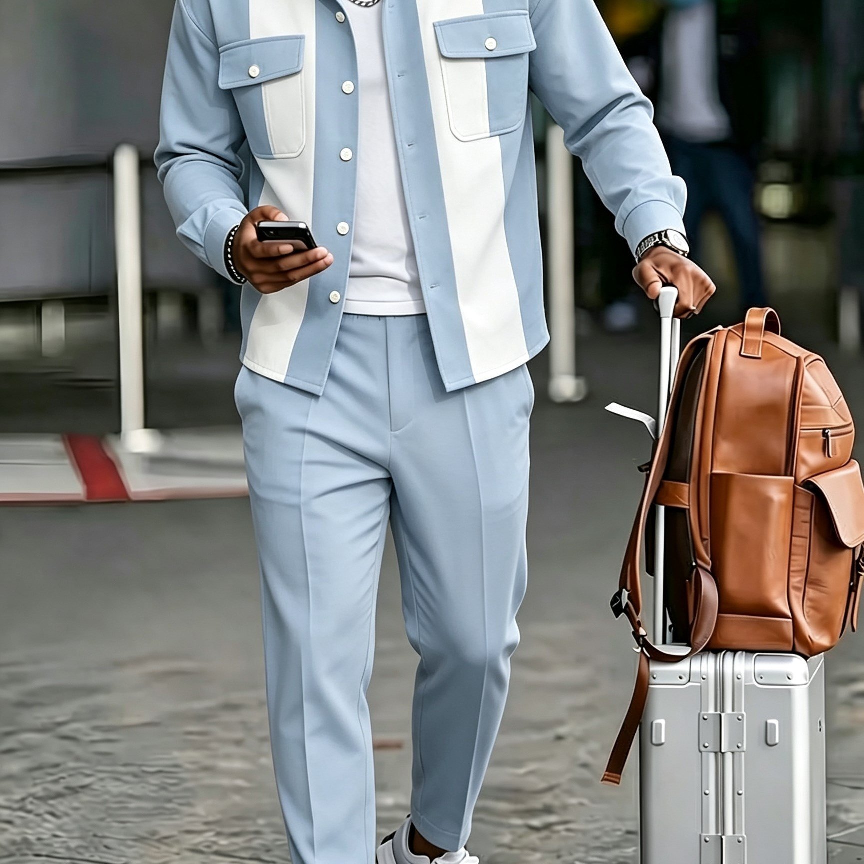 Image of Men's Waffle-pattern 2pcs Suit, Button-up Collar, Utility Pocket Shirt-style Jacket+ Drawstring Straight-leg Pants. Autumn/winter Everyday Streetwear Casual Outfit.