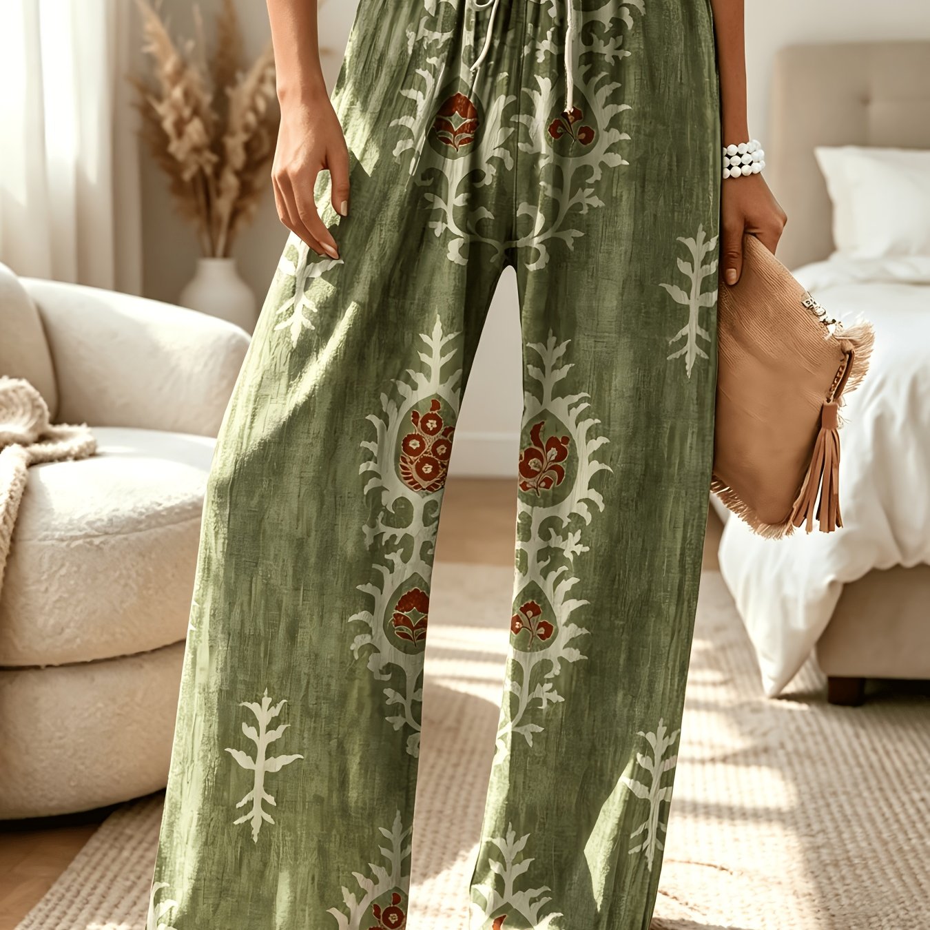 Women's Vacation Print Bow Loose Comfortable Matching Casual Pants - Ethnic Style Green 0459