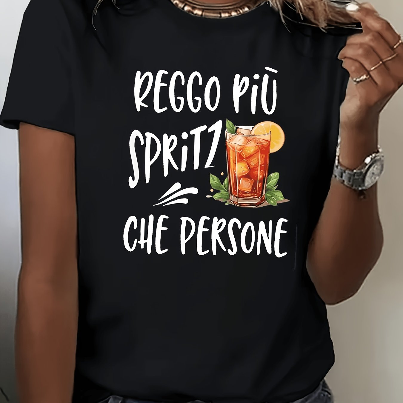 TEMU Italian " Più Che Persone" Relaxed And Fun Summer Vibe Slogan Letter Print Women's Round Neck Spring/summer T-shirt