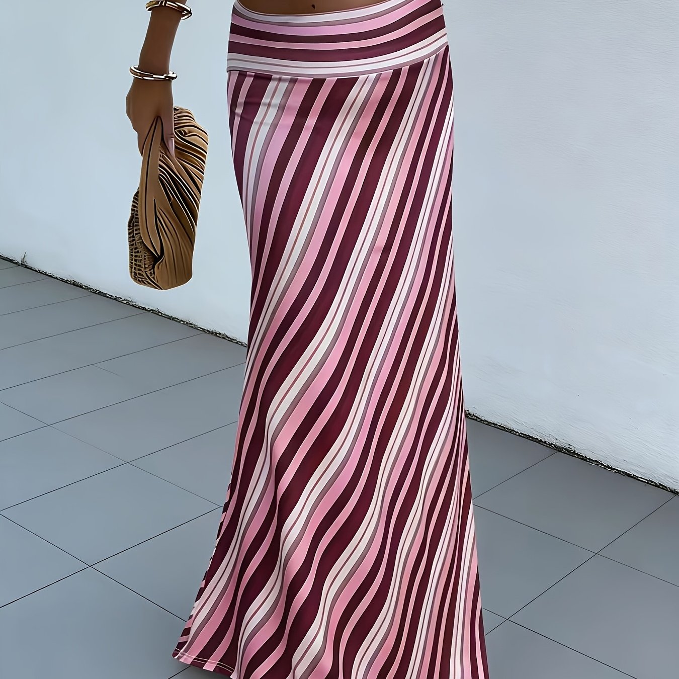 E-shop Elegantes Damen Frühlings-Sommer Diagonal Streifen Druck High-Waist Fischtail Urlaubs Maxi Kleid
