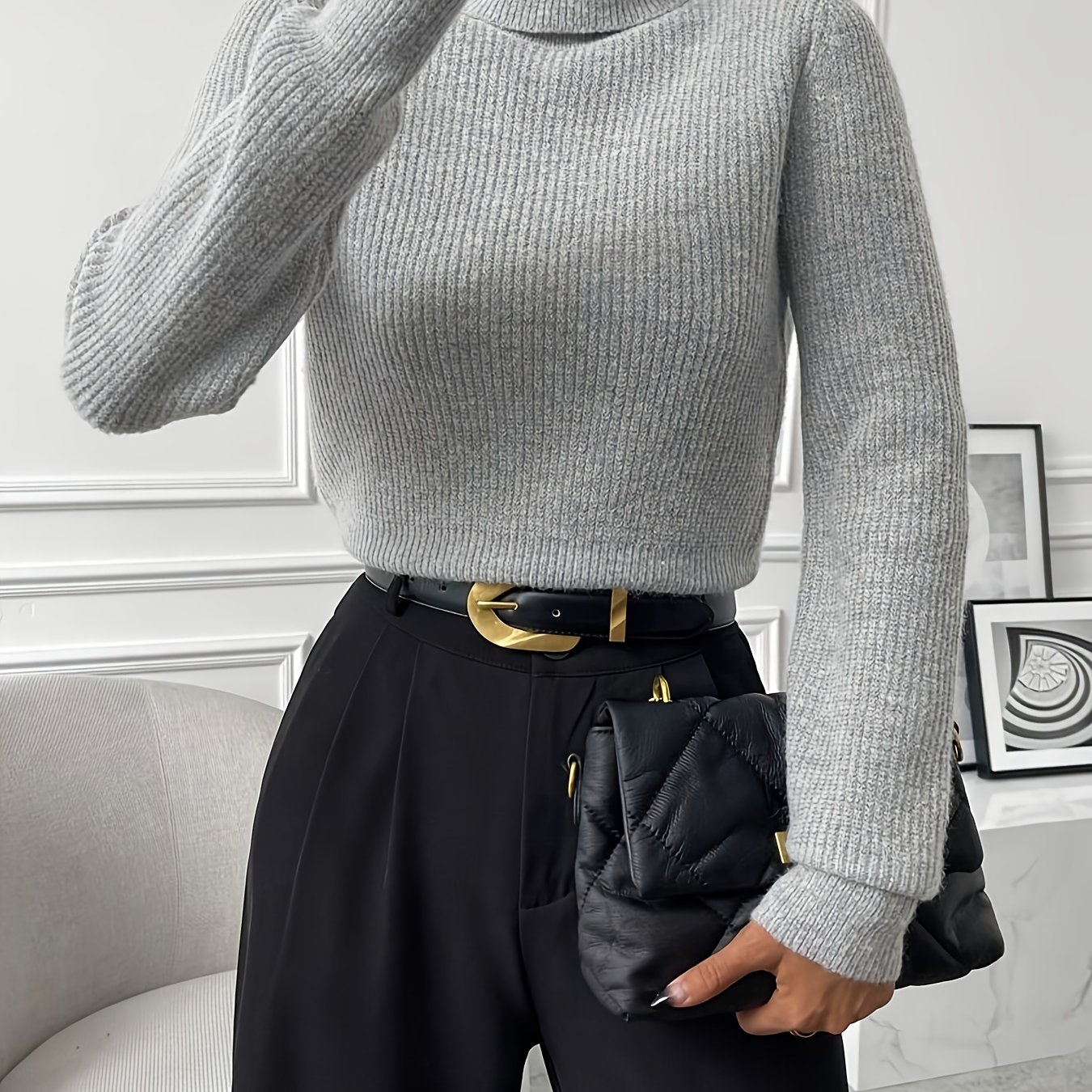 E-shop NZZOF Damen Pullover mit hohem Stehkragen – Dehnbarer, hochelastischer Pullover für Herbst/Winter, einfarbiges Langarm-Blusen-Top,