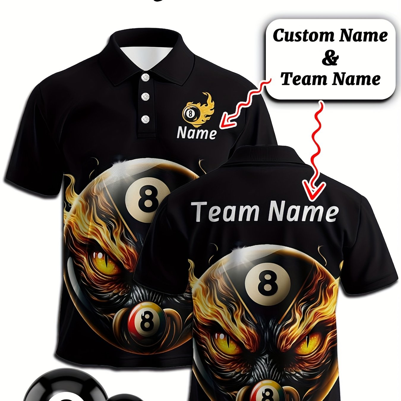 TEMU Customized Flame And Billiard Shirt, Featuring A Cool Short-sleeve Design Comfortable And Breathable. It Supports Personalized Printing Of Names