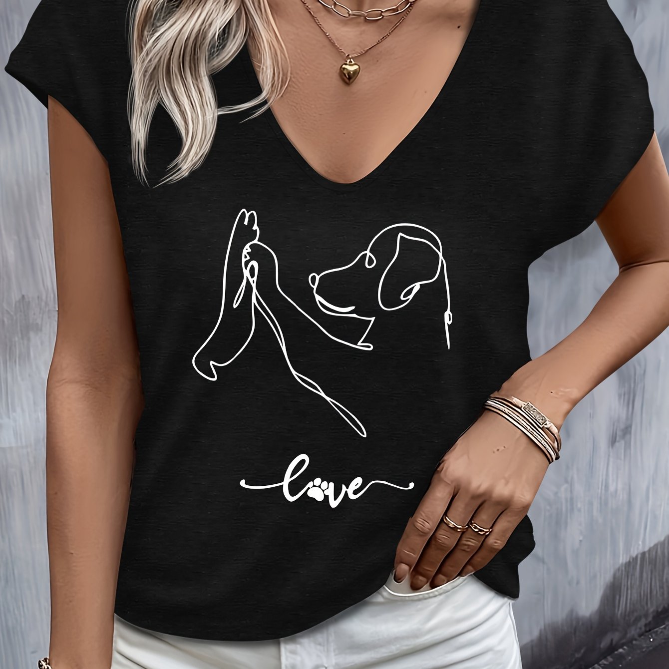 TEMU Women's Casual Short Sleeve V-neck T-shirt With Cute Dog & Love Script Print - Spring Summer Breathable Medium Stretch Fabric, Regular Fit
