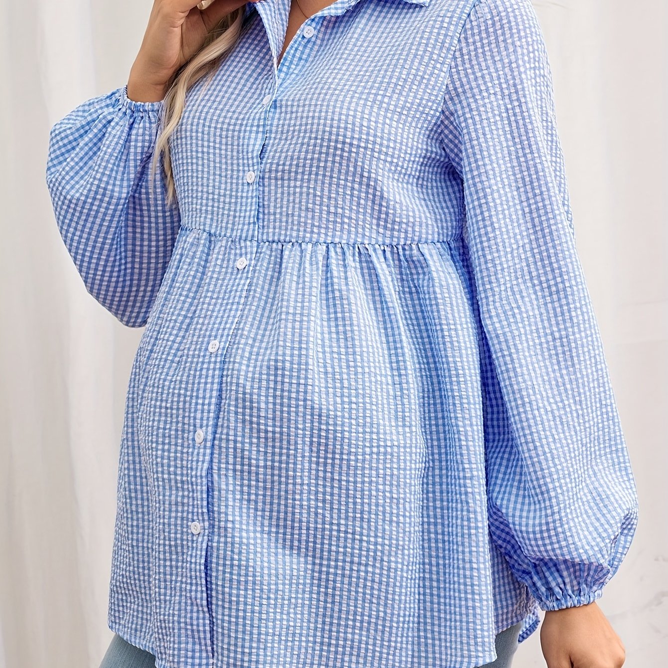TEMU Maternity Checkered Puff Sleeve Blouse - Loose Fit Button-up Shirt For Pregnant Women, Machine Washable Non-stretch Fabric, Spring Summer Fall