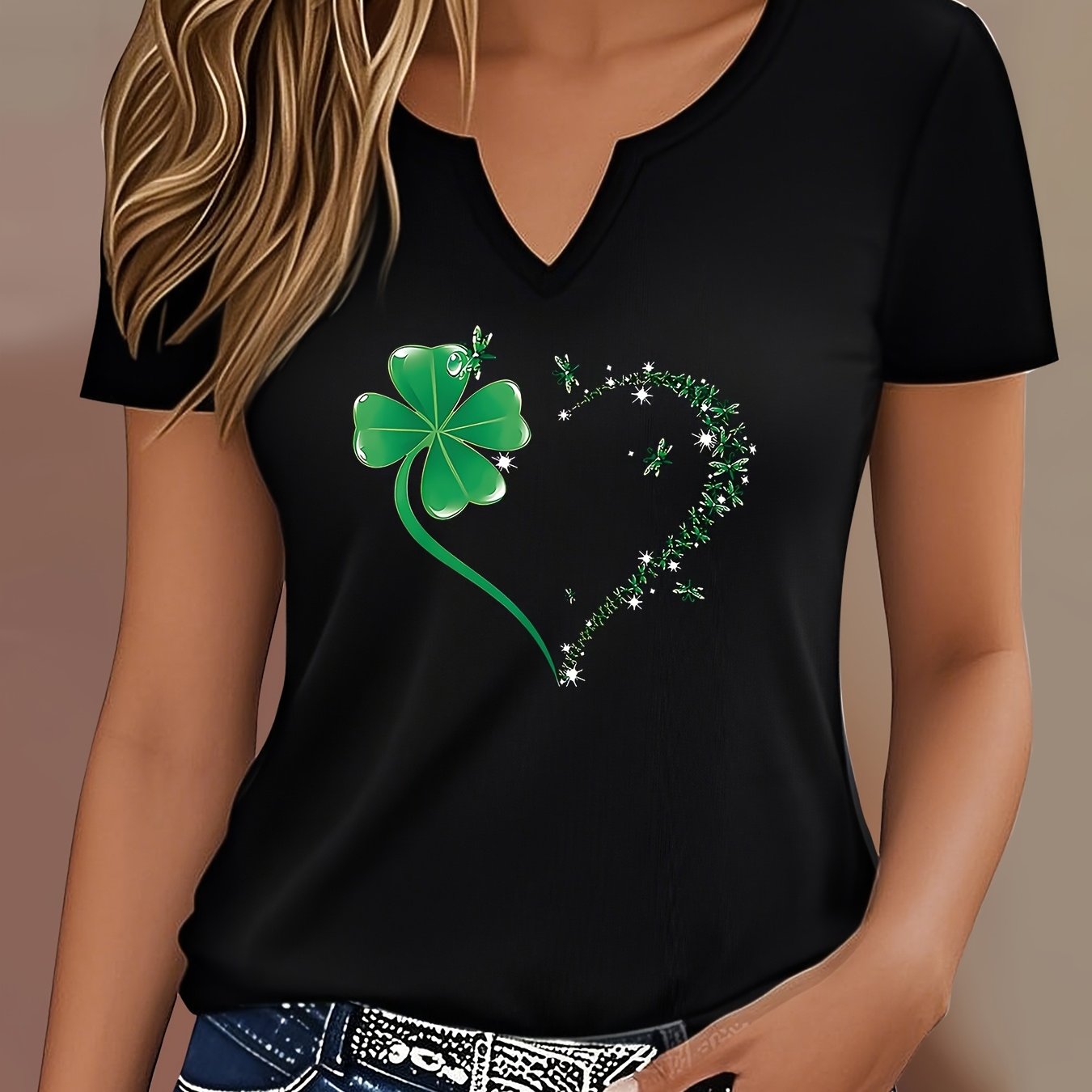 TEMU Letter Print T-shirt, Short Sleeve V Neck Casual Top For Summer And Spring, Women's Clothing