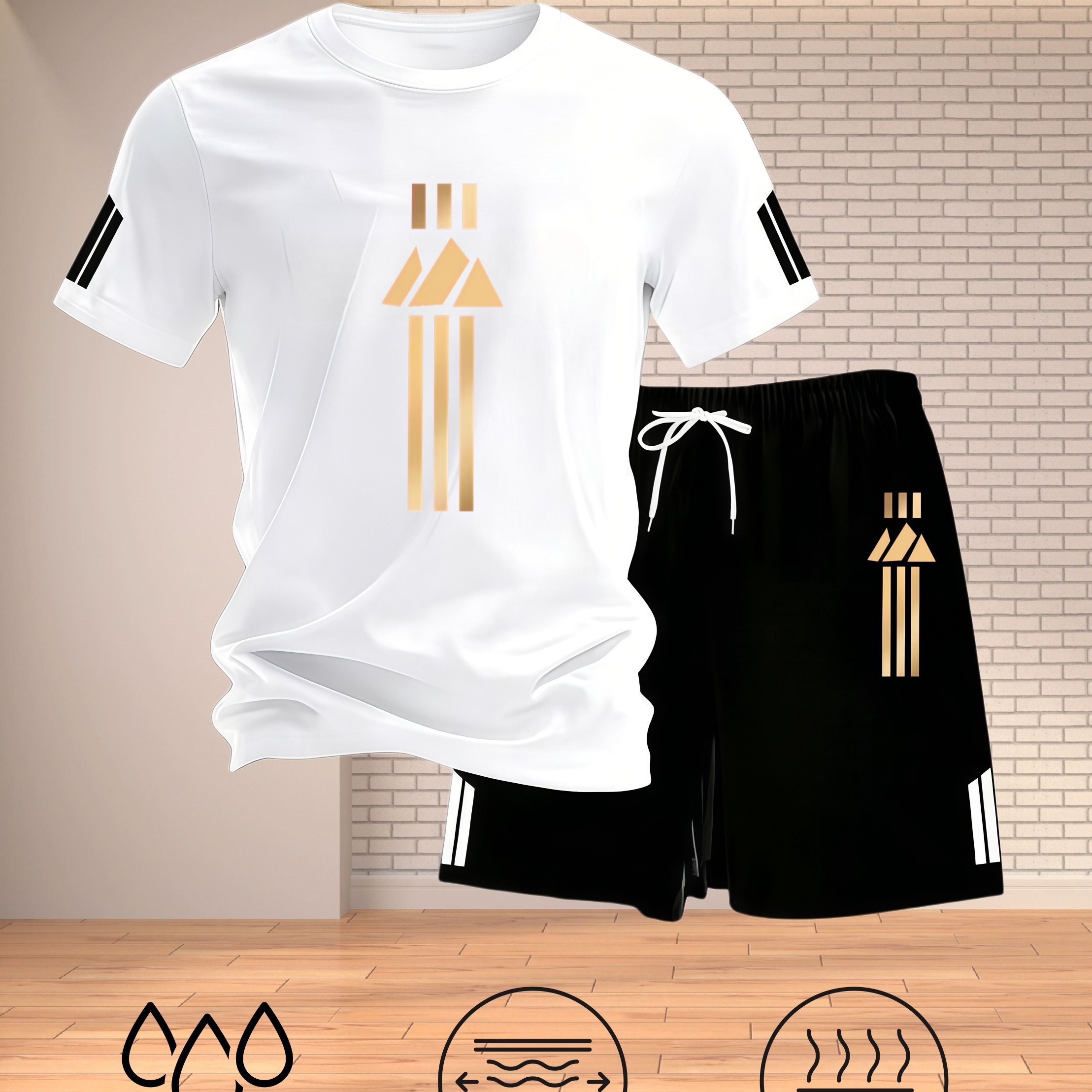 TEMU Men's Golden Mountain Stripe Print Breathable Set, Quick-dry Short Sleeve   Shorts 2pcs Set, Summer Cool And Non-stuffy Casual Sportswear,