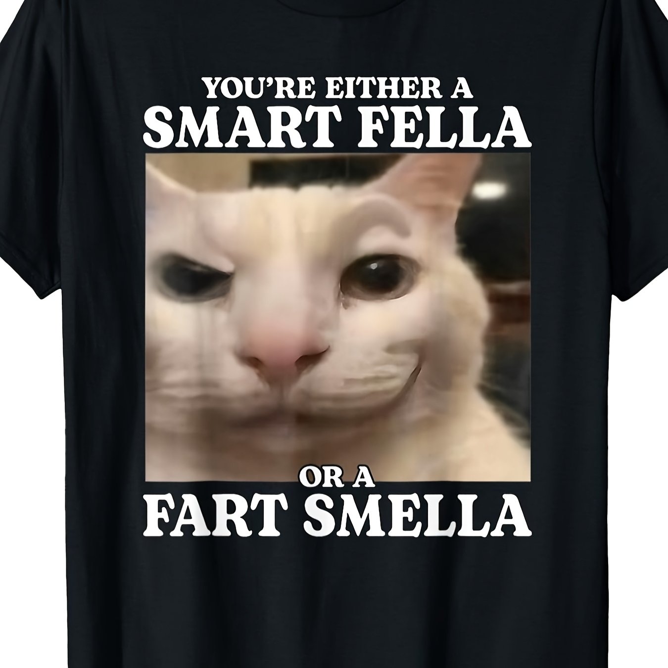 TEMU T-shirt Homme Smart Fella Or Fart Smella Cat - Mode Streetwear pour Acheteurs - Imprimé Cartoon - Respirante - Col Rond - Top pour Acheteurs