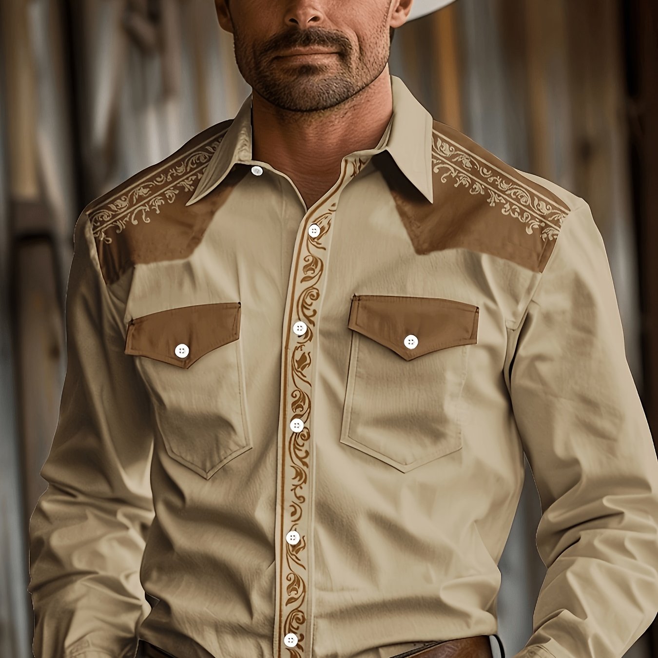 Men's Camel Desert Shirt With Floral Print - Long Sleeve, Button-up, Lightweight For Casual & Semi-formal Wear, Perfect For Halloween To New Year Parties