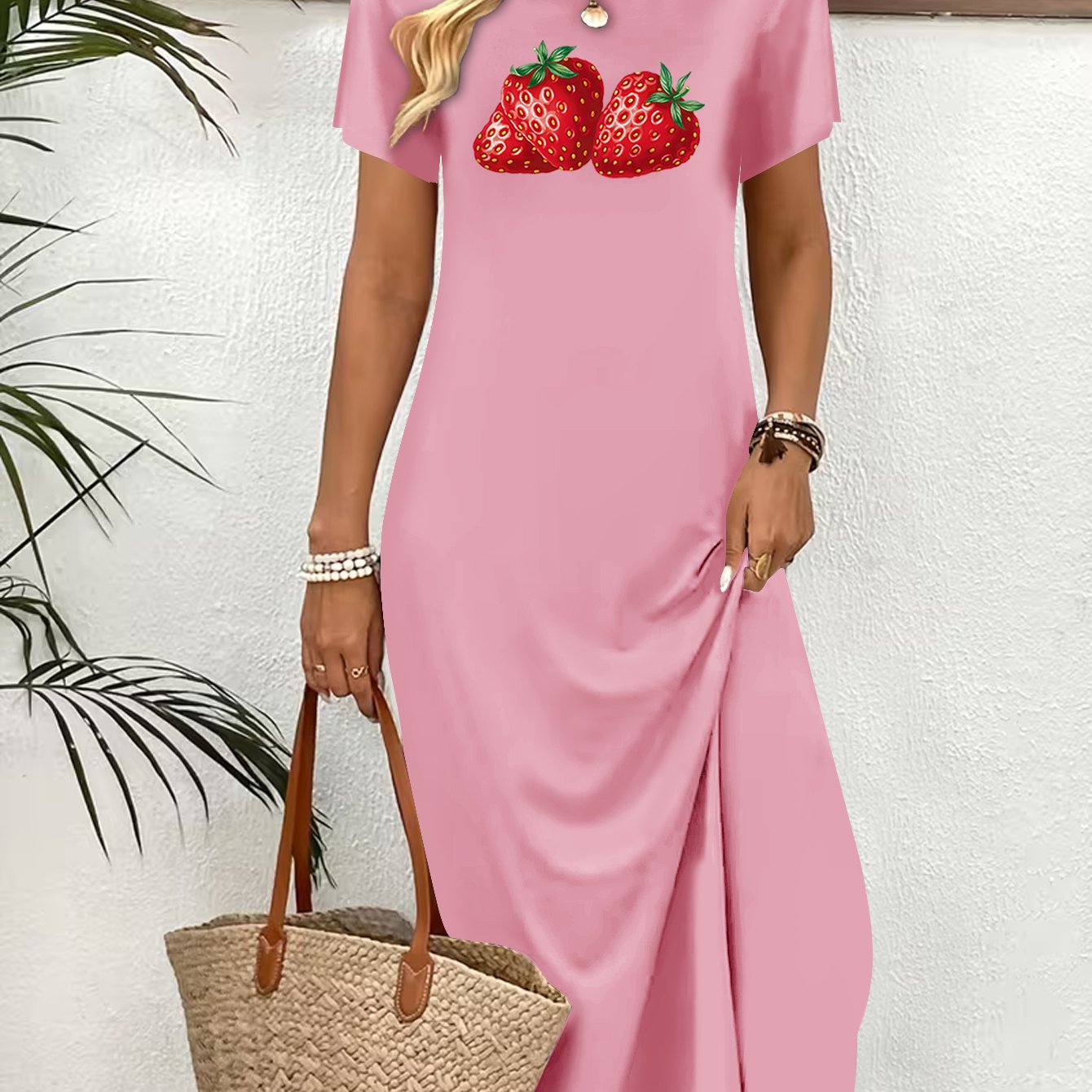 TEMU Summer Women's Fashionable Dress, Strawberry Fruit Printed Casual Elegant Dress, Temperament Round Neck Short Sleeved Dress, Beach Travel ,