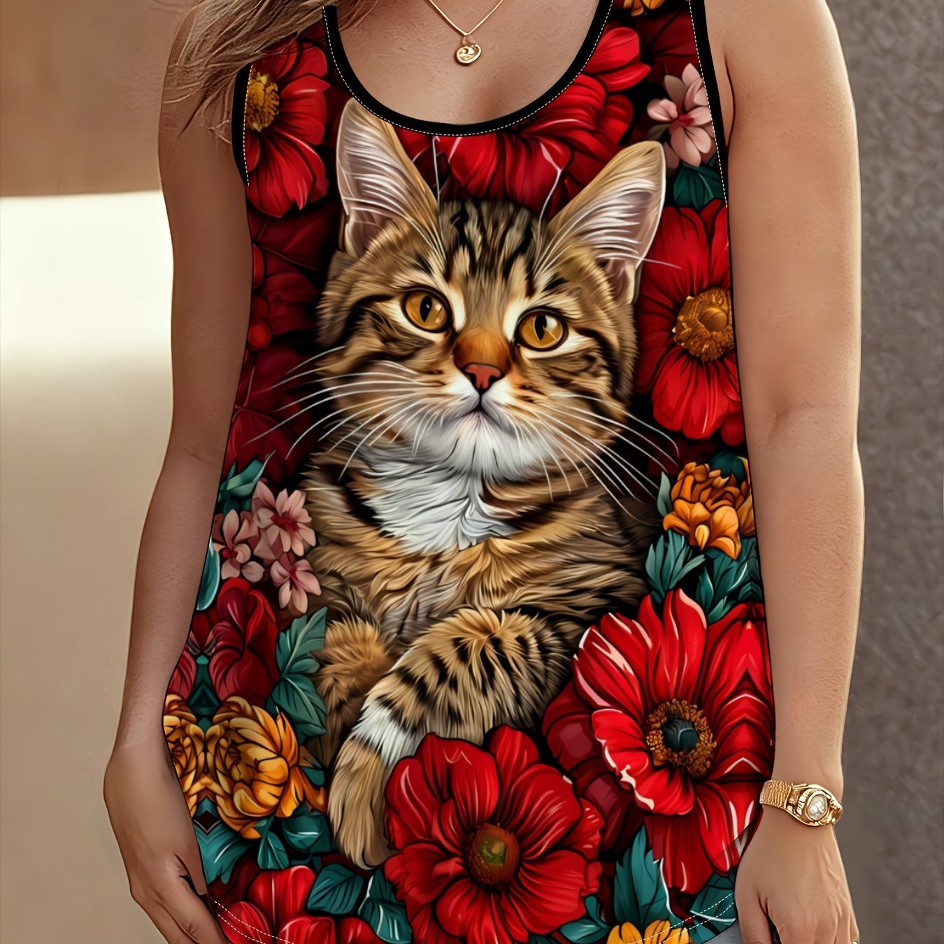 TEMU Women's Plus Size Round Neck Vest, Full Print Red Warm Floral Surround Center Realistic Vintage Oil Painting Style Printed, Plus Size Female