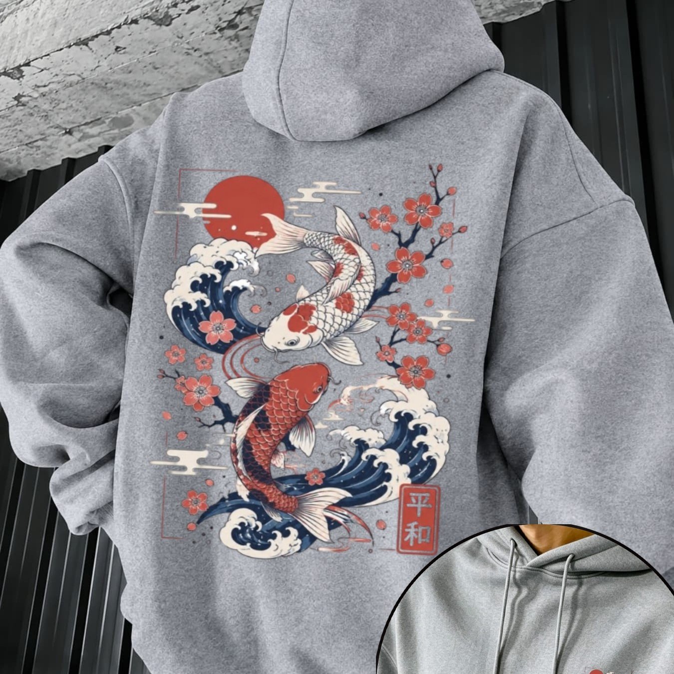 Image of Autumn Winter New Hoodie For Men Koi Sakura Wave Japanese Stamp Print Loose Fit Warm Style Oversized Drop Shoulder