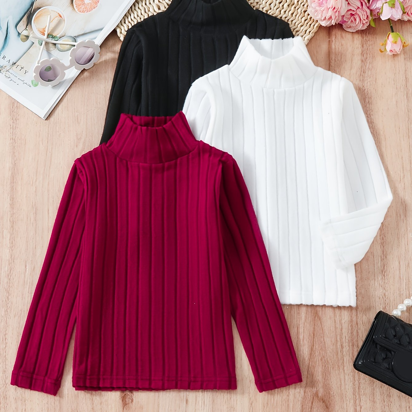 3pcs Girls' Base Layer Shirts, Autumn/winter Warm Slim-fit Versatile Simple Long-sleeve Tops, Children's Fall Clothing