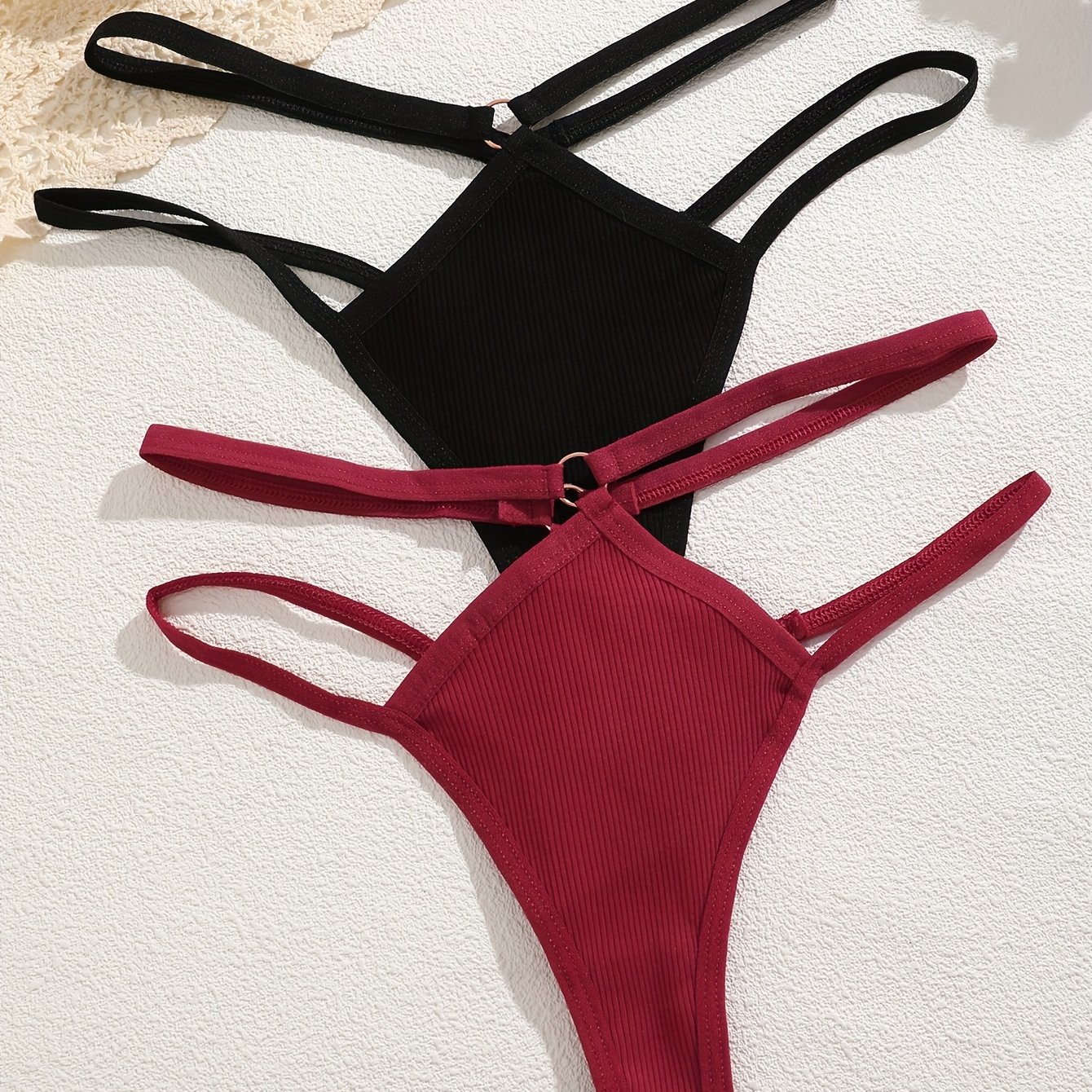 Image of 2pcs Low-rise Solid Color Thin Belt Sexy Thong Comfortable Elastic Fitted Women's Underwear