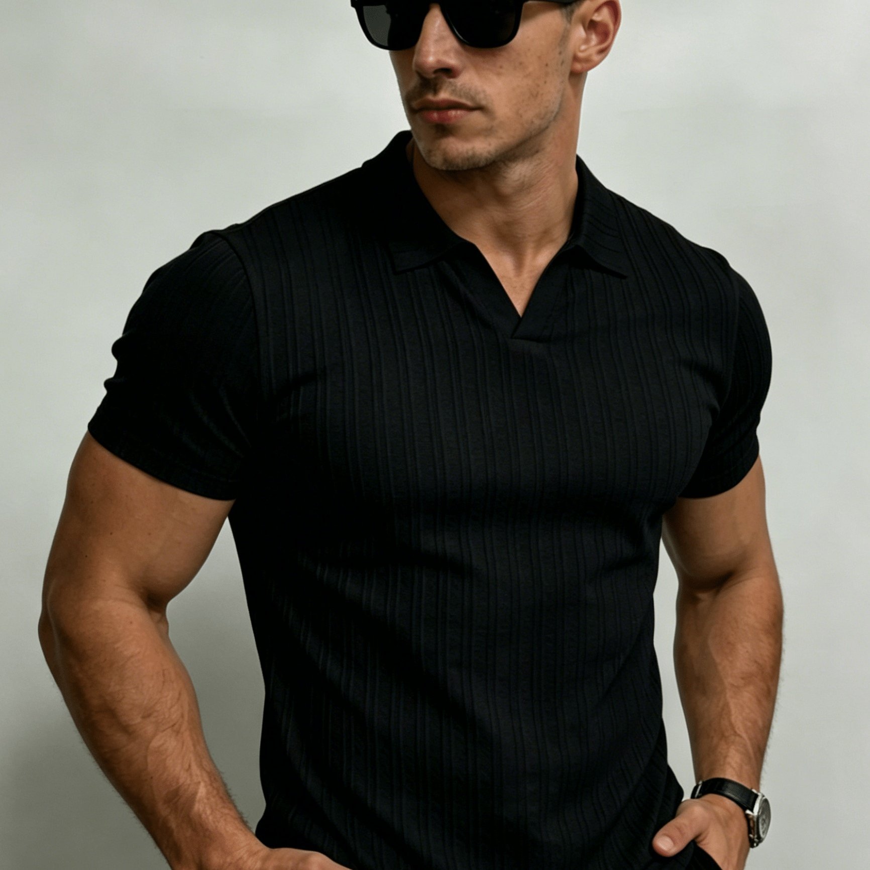 E-shop Lässiger einfarbiger Herren-Sommer-Strickpullover ohne Knöpfe, lässiger einfarbiger strukturierter Jacquard-Strick Kurzarm