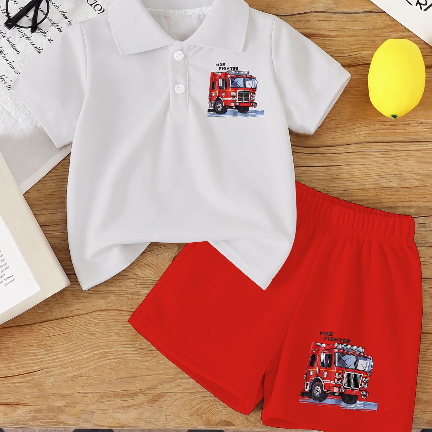 Image of [targeted Release] Fire Truck Printed Baby Boys Shirt Set, Trendy Cool Outfit For Boys, Suitable For Outdoor Activities, Perfect Gift For Kids, Stylish Two-piece Baby Clothing Set