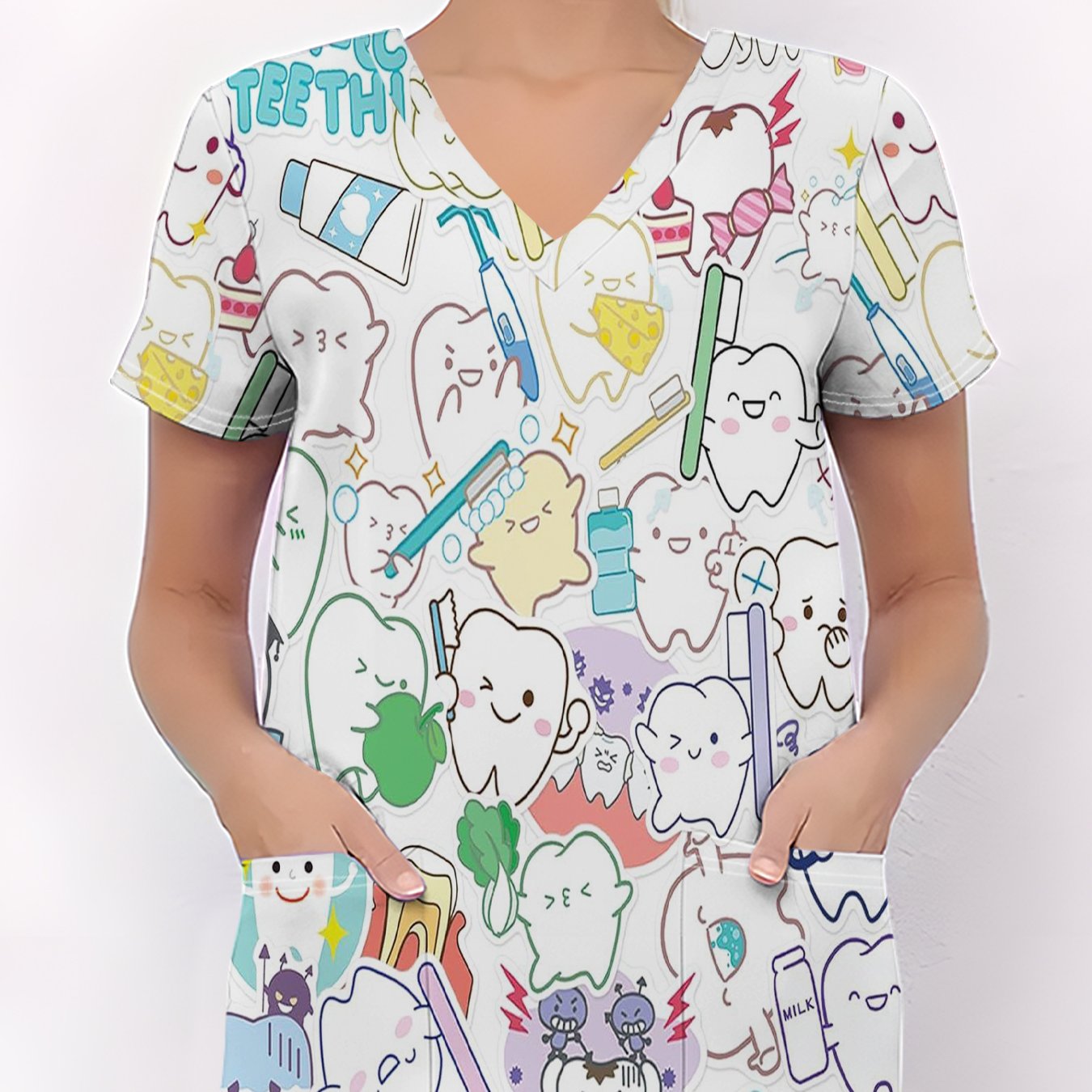 TEMU Women's Dental-themed 3d Print V-neck T-shirt With Dental Office & Dental Hygiene Design - Dental Professional Uniform With Dental Charts, Teeth