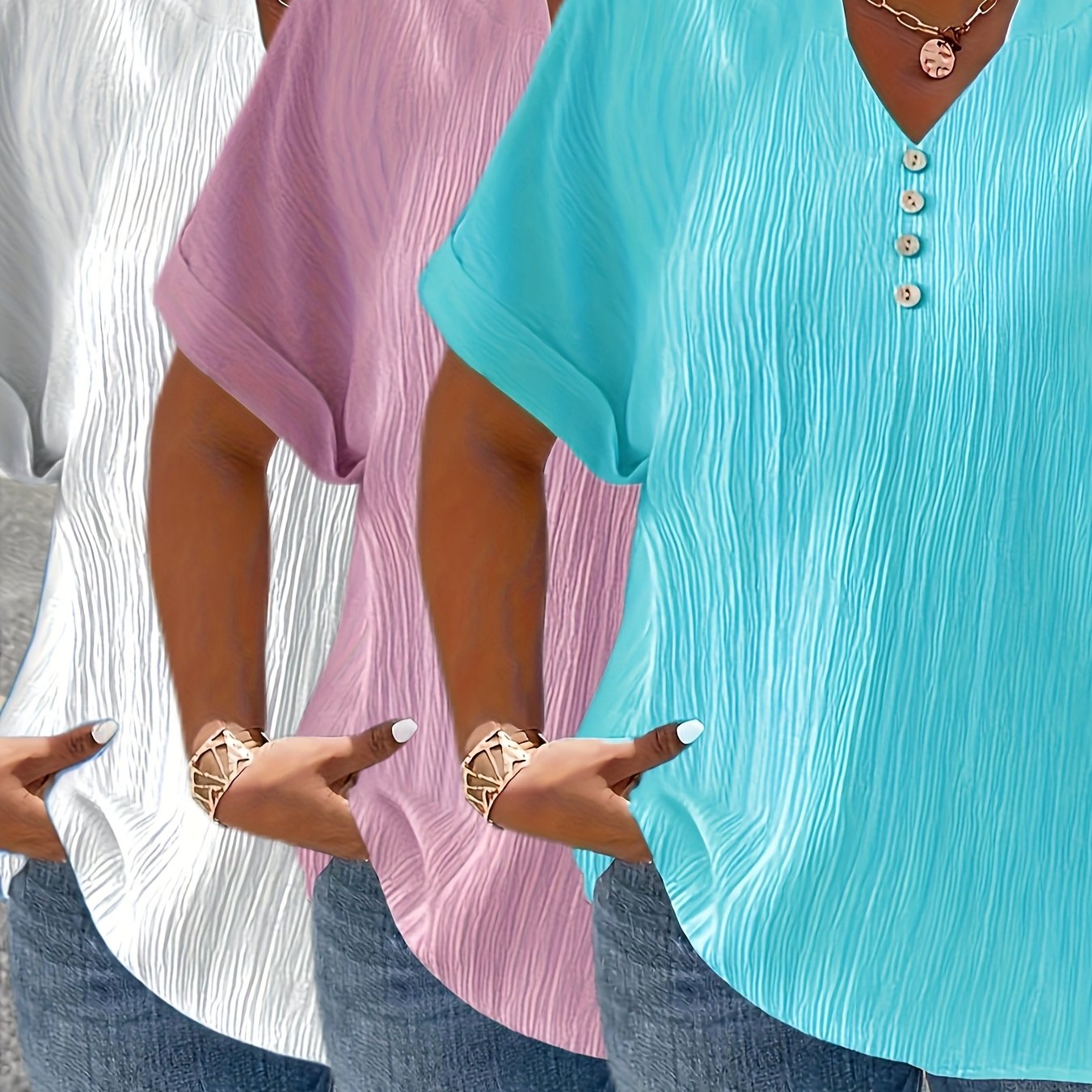 E-shop Plus Size - Plus Size - Damen Plus Size Elegantes V-Ausschnitt T-Shirt Set - Schicke Kurzarm Knopfleisten Oberteile in Hellblau, Beige & Weiß,