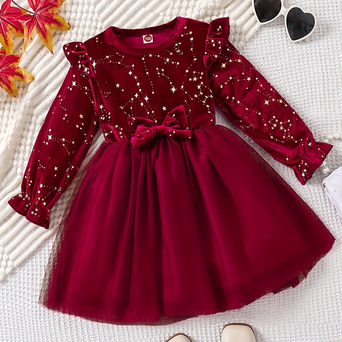 Image of New Style Spring And Autumn Girls' Print Mesh Red Dress, Bow Flared Sleeve Chiffon Princess Dress For -8, Fashionable And Elegant, Suitable For Weddings, Festivals And Other Parties, A Gift For Girls
