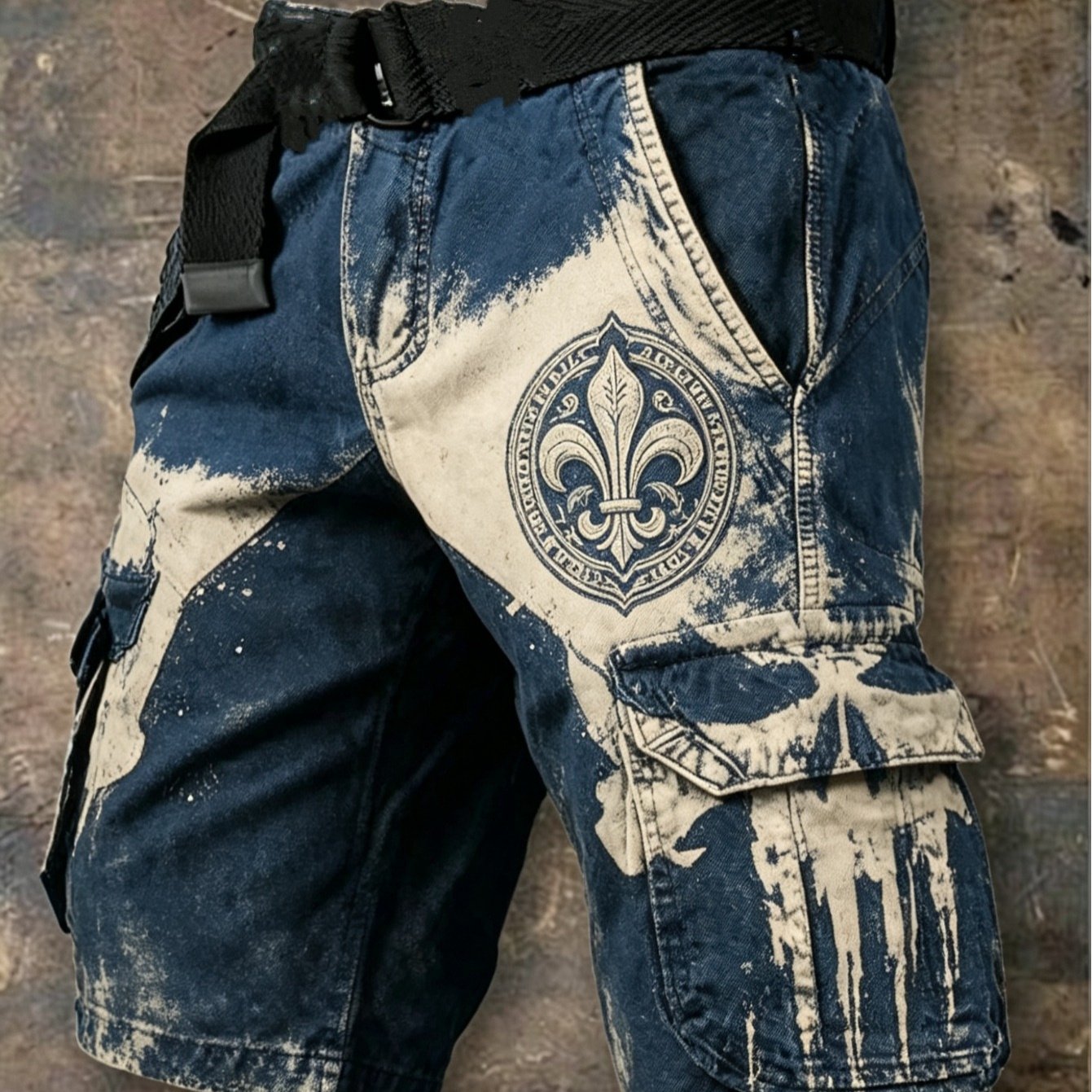 Image of Blue And White Vintage Badge Ink-splatter Men's Cargo Shorts Summer Street Cool Unique Straight Leg Mid-length Shorts, Plus Size