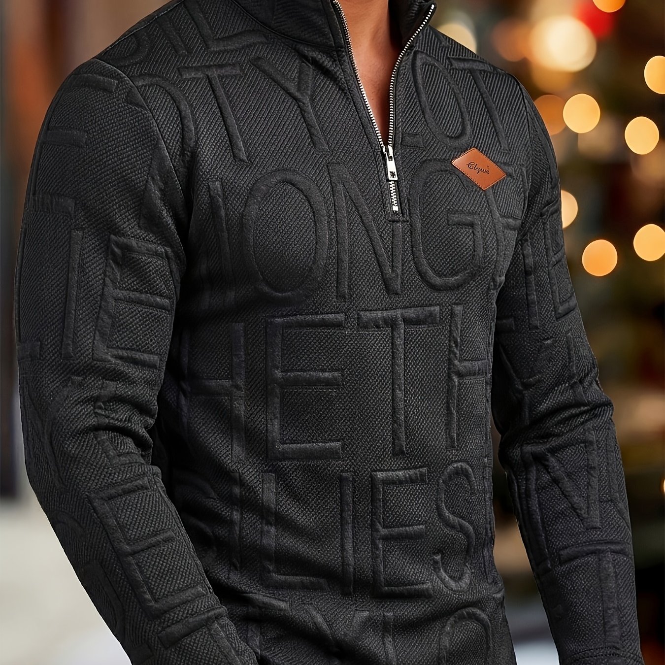 TEMU Men's Fashion Top, Spring/autumn Casual Textured Henley Shirt With Random Letter Pattern, Half-turtleneck Zipper Design, Long Sleeve