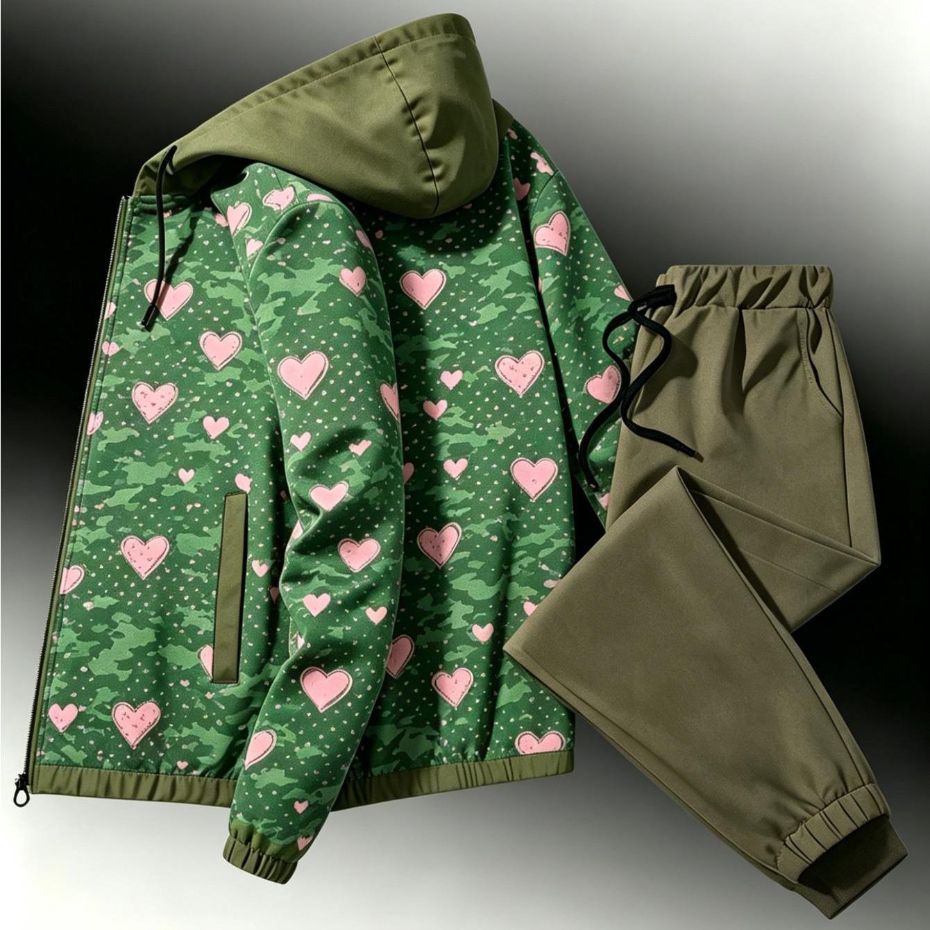 2pcs Set New Arrival: Unisex Casual Print Windproof Zipper Jacket Set, Regular Fit, Stretch Fabric, Perfect For Men, Suitable For Occasions, Plus Size