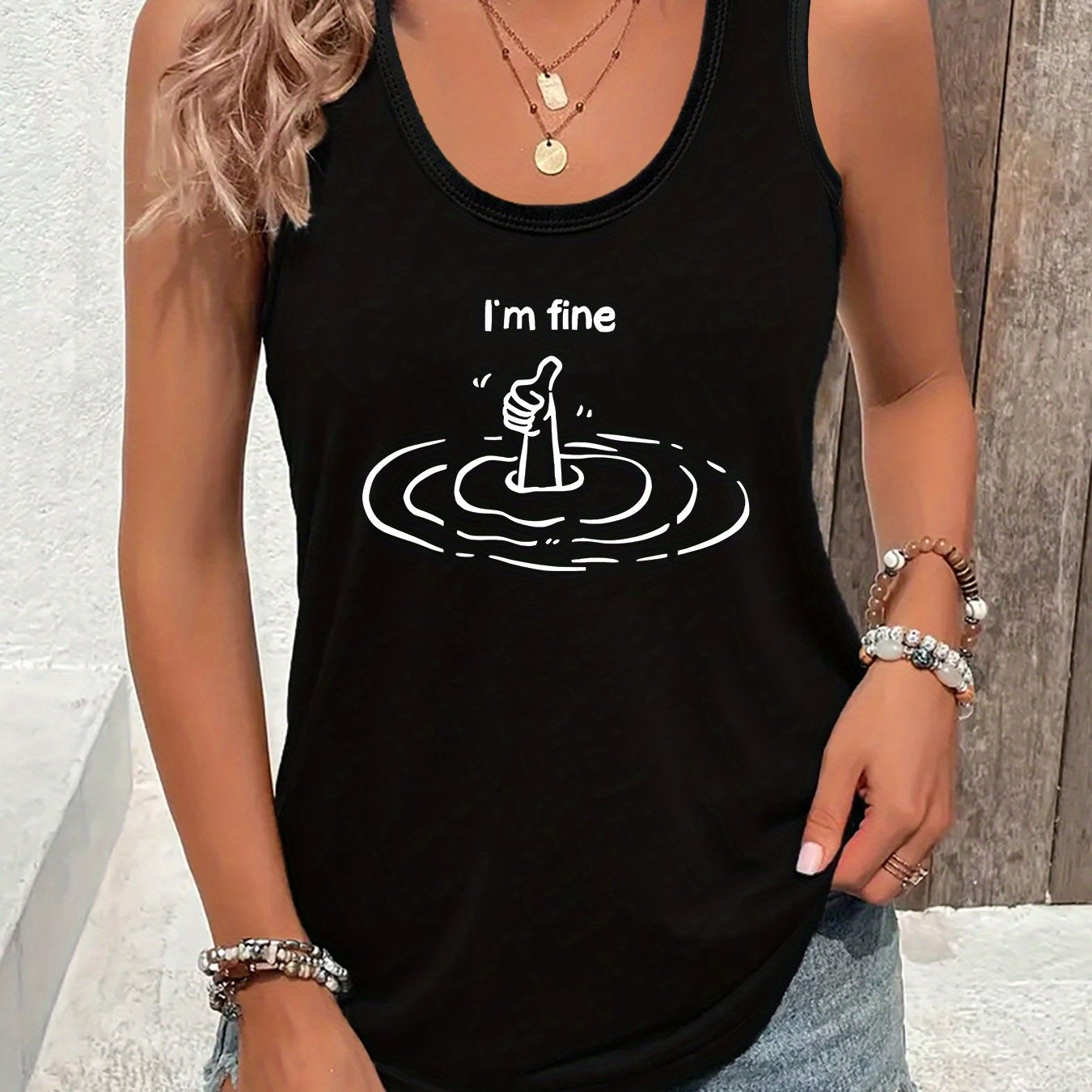 TEMU Plus Size Women's Sleeveless Tank Top - "" Print, Breathable & Skin-friendly, Casual Summer Vest For Women, Black, Breathable Clothing | Letter